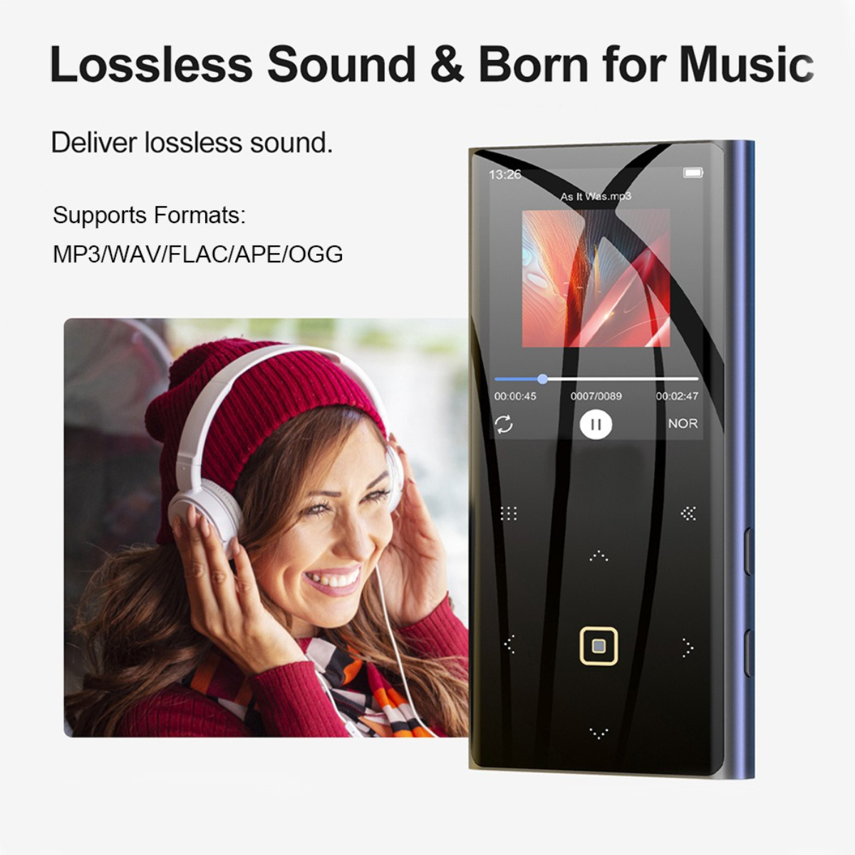 Frau hört Musik mit Kopfhörern. Ein digitaler Musik-Player befindet sich rechts. Text im Hintergrund.