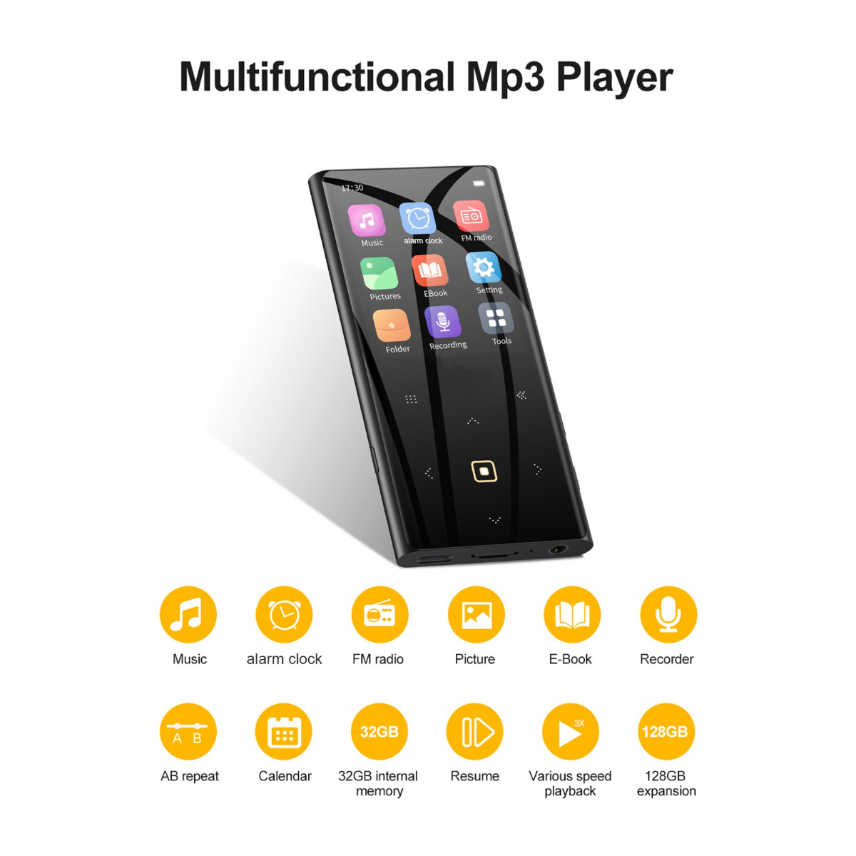 Schwarzer MP3-Player mit Bildschirm, der Symbole anzeigt, und eine Liste von Funktionen darunter.
