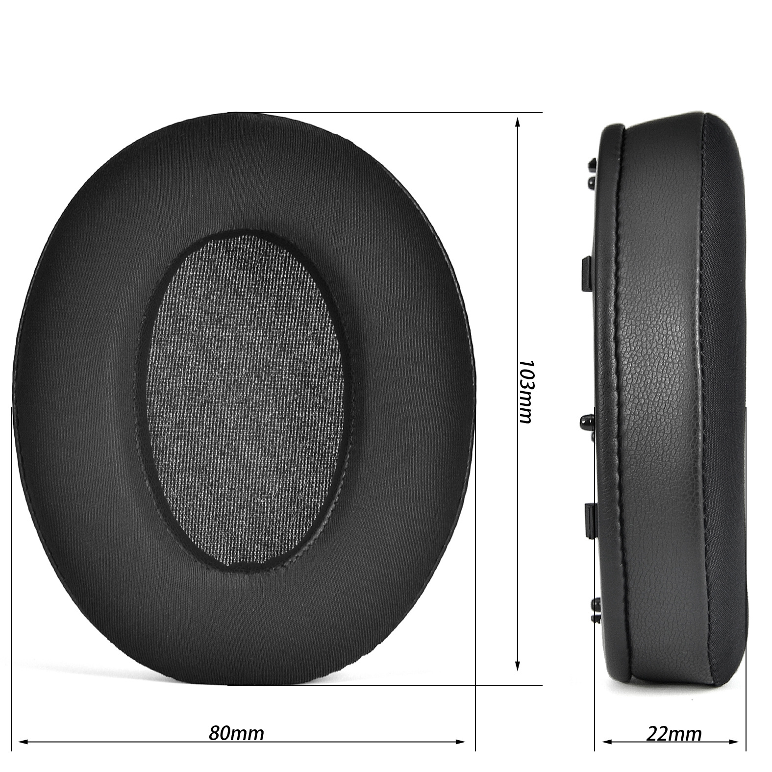 Czarne nauszniki z siateczkowym środkiem, obok widoku z boku pokazującego grubość i wymiary.