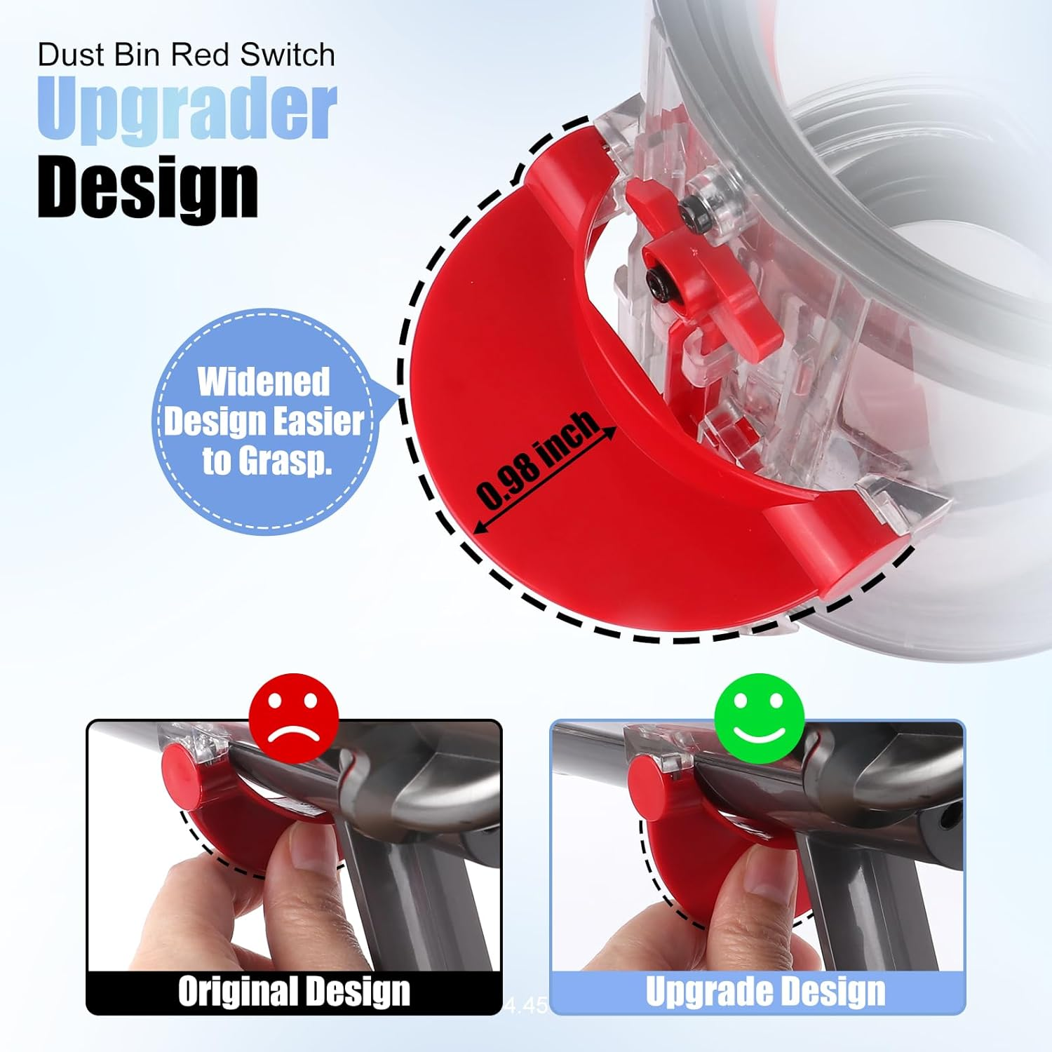 Czerwona część odkurzacza z poszerzoną konstrukcją ułatwiającą chwyt i czerwonym przełącznikiem.