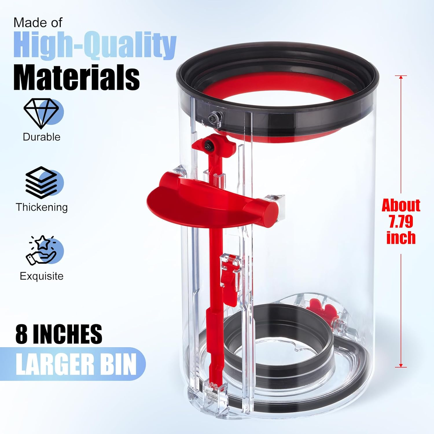 Przezroczysty pojemnik odkurzacza z czerwonymi i czarnymi akcentami; tekst wskazuje na większy rozmiar.