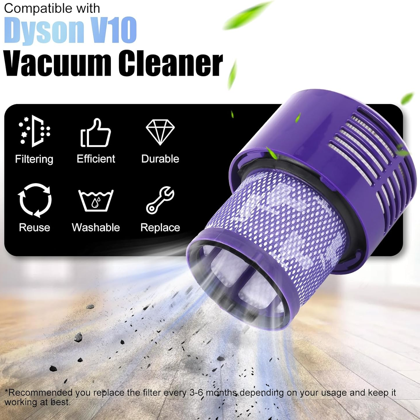 Fioletowy filtr do odkurzacza Dyson V10, z ikonami filtrowania, wydajności, trwałości, ponownego użycia i wymiany.