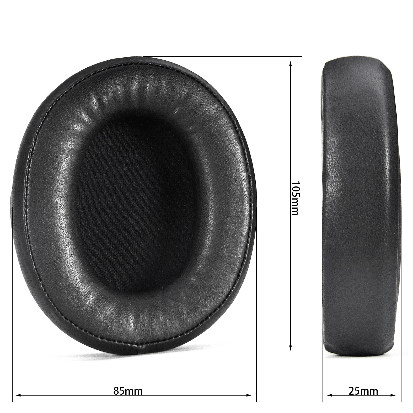 Czarne nauszniki do słuchawek. Pokazuje wymiary: 85mm x 105mm x 25mm.