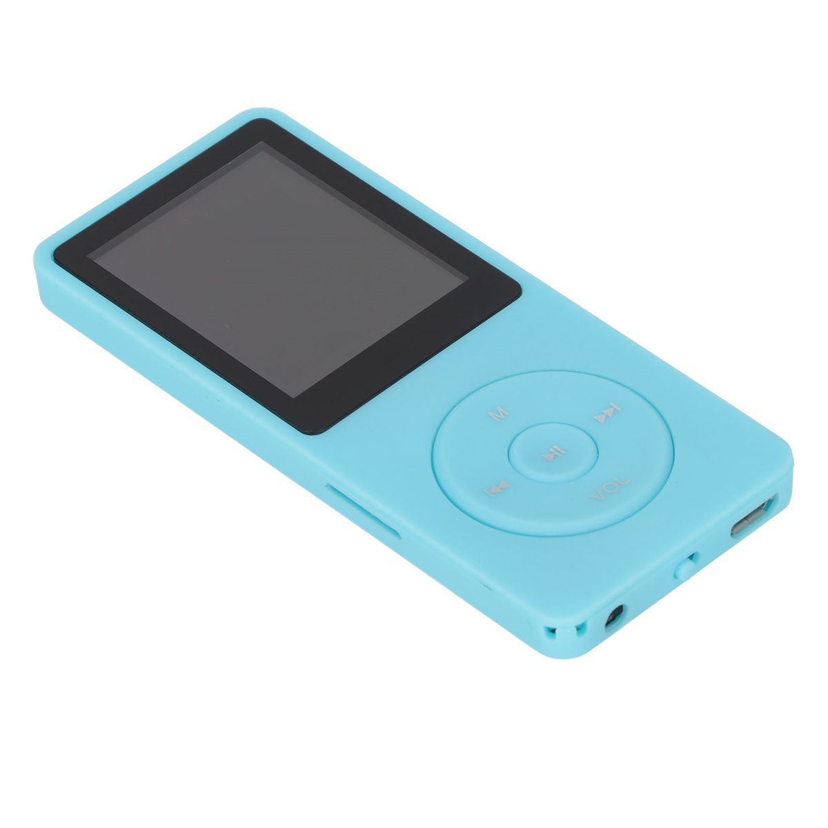 Blauer MP3-Player mit schwarzem Bildschirm und Bedienelementen.