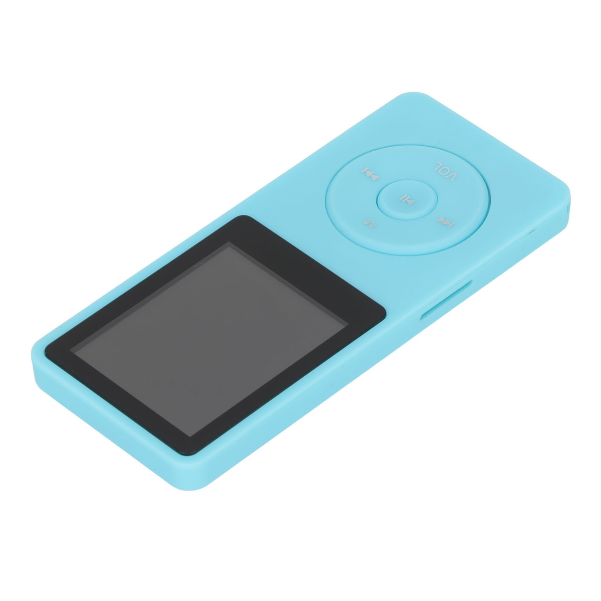 Blauer MP3-Player. Das Gerät hat einen Bildschirm und Bedienelemente.