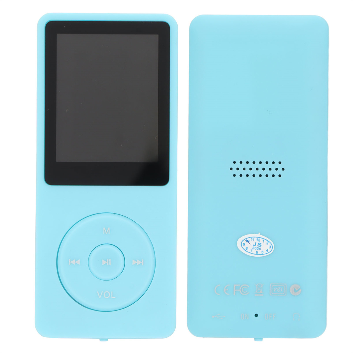 Hellblauer MP3-Player mit Bildschirm und Knöpfen. Rück- und Vorderansicht. Weißer Hintergrund.