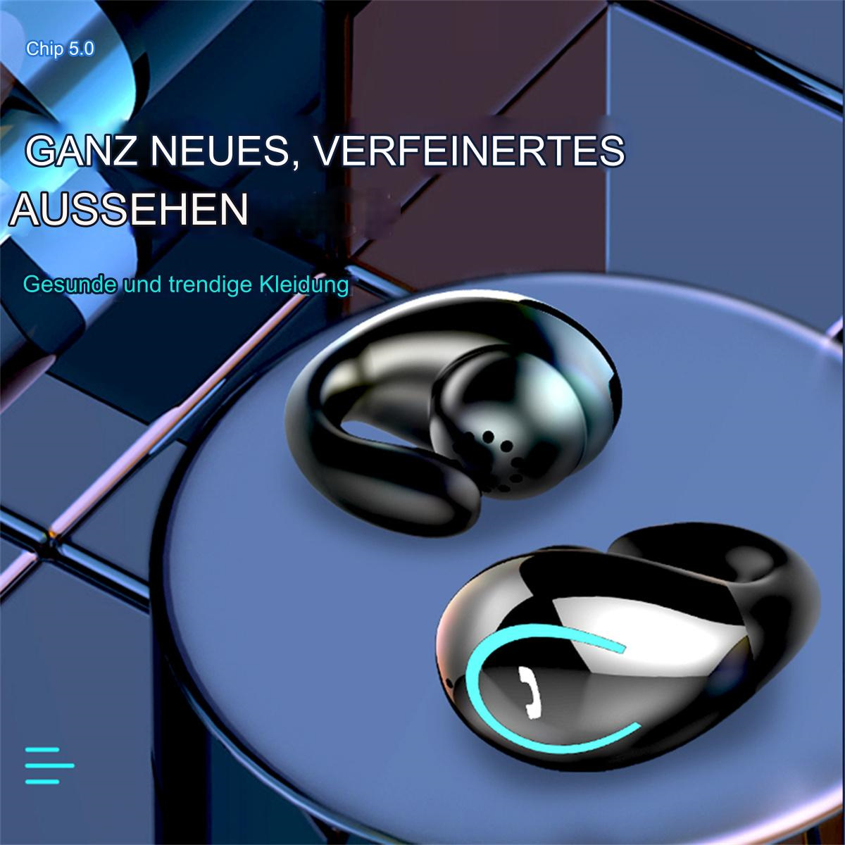 Zwei schwarze kabellose Ohrhörer, einer mit blauem Licht. Das Design ist elegant und modern.