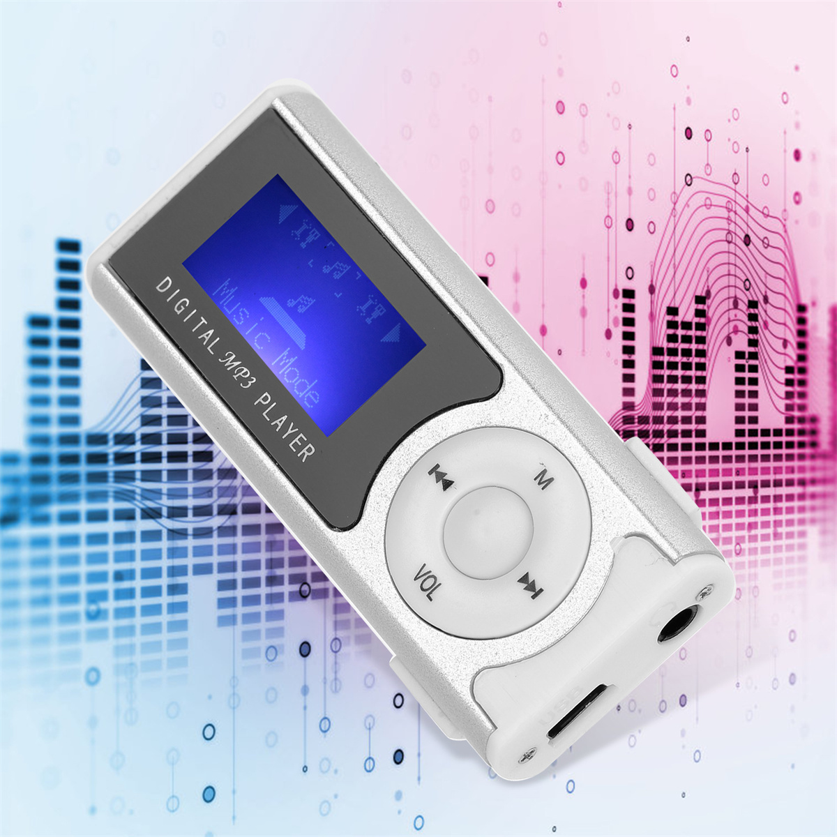 Ein silberner digitaler MP3-Player mit blauem Bildschirm, der Musikoptionen zeigt.