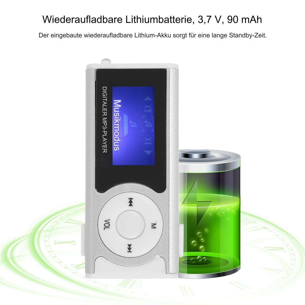 Silberner MP3-Player mit einer Batterie daneben und Text auf Deutsch.