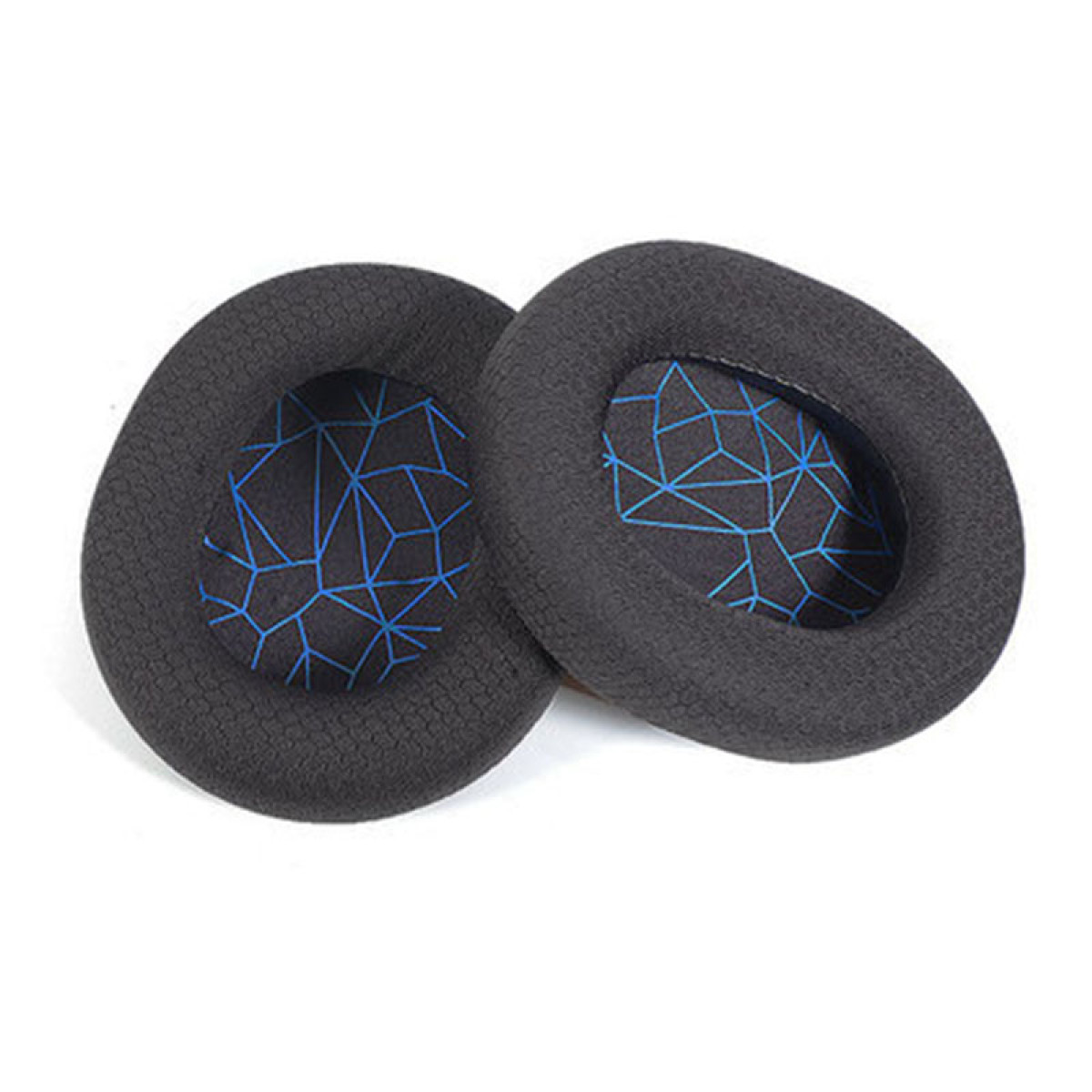 Dwie ciemnoszare nauszniki z niebieskim geometrycznym wzorem.