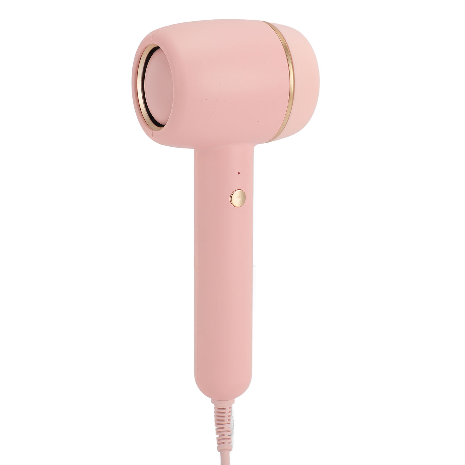 Ein rosa Haartrockner mit goldenem Rand und langem rosa Kabel. Es ist auf weißem Hintergrund.