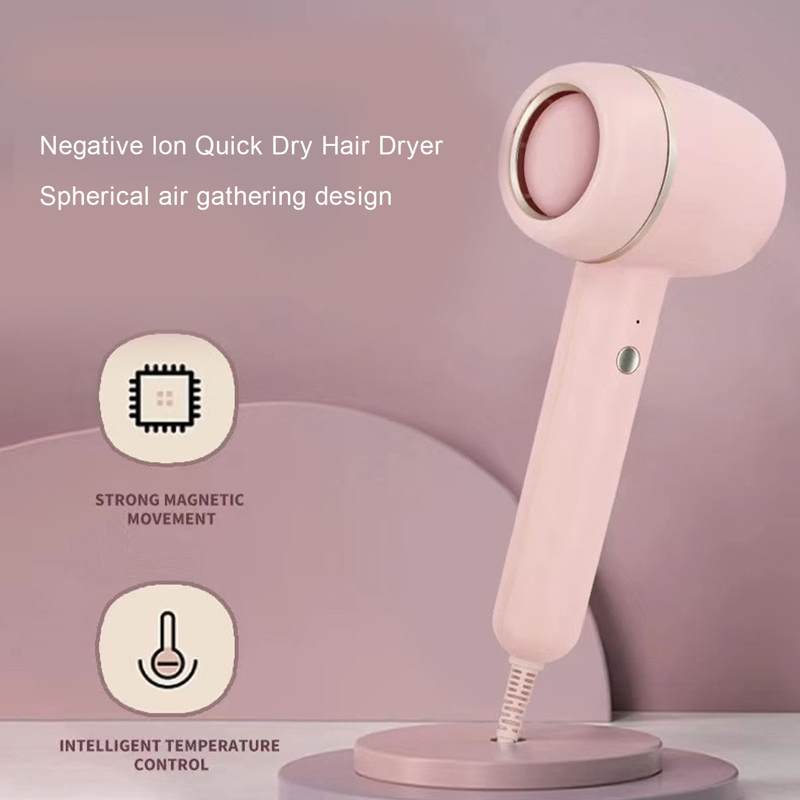 Ein pinkfarbener Haartrockner mit Ständer. Auf dem Bild steht: Negative Ionen Schnelltrockner.