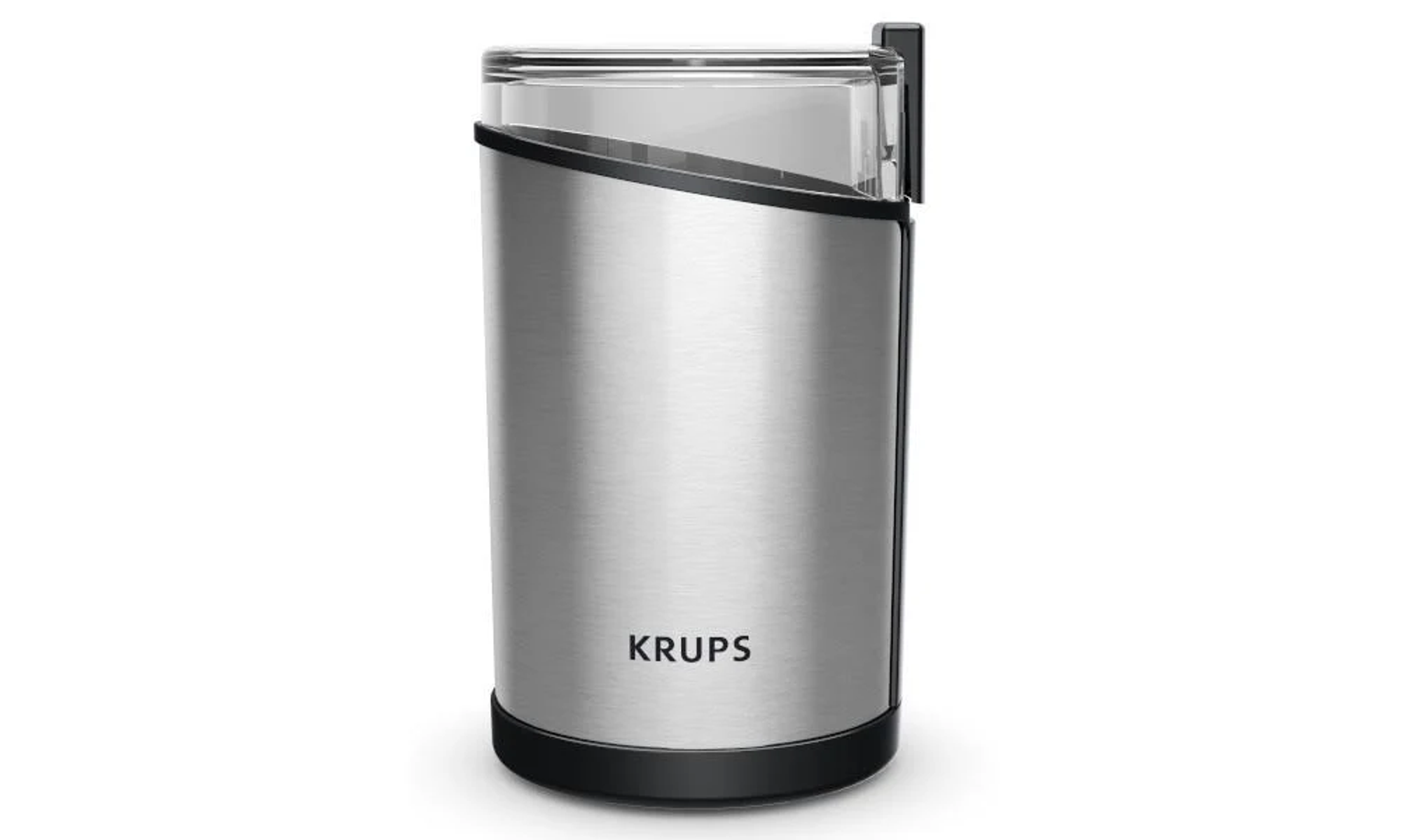 Młynek do kawy ze stali nierdzewnej. Młynek jest cylindryczny z czarną podstawą i przezroczystym wierzchem.