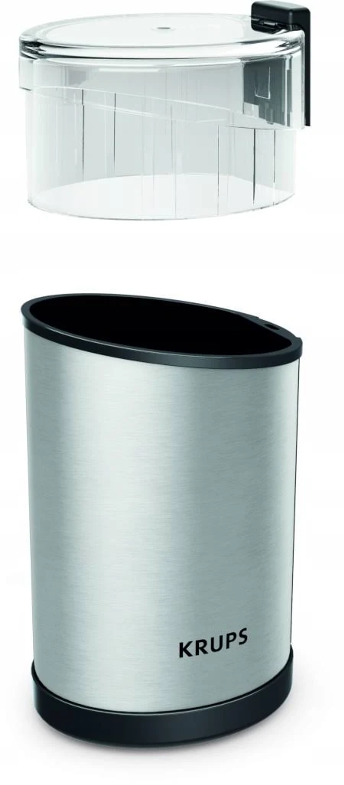 Akcesorium do kawy Krups ze stali nierdzewnej, z przezroczystą pokrywą, na białym tle.