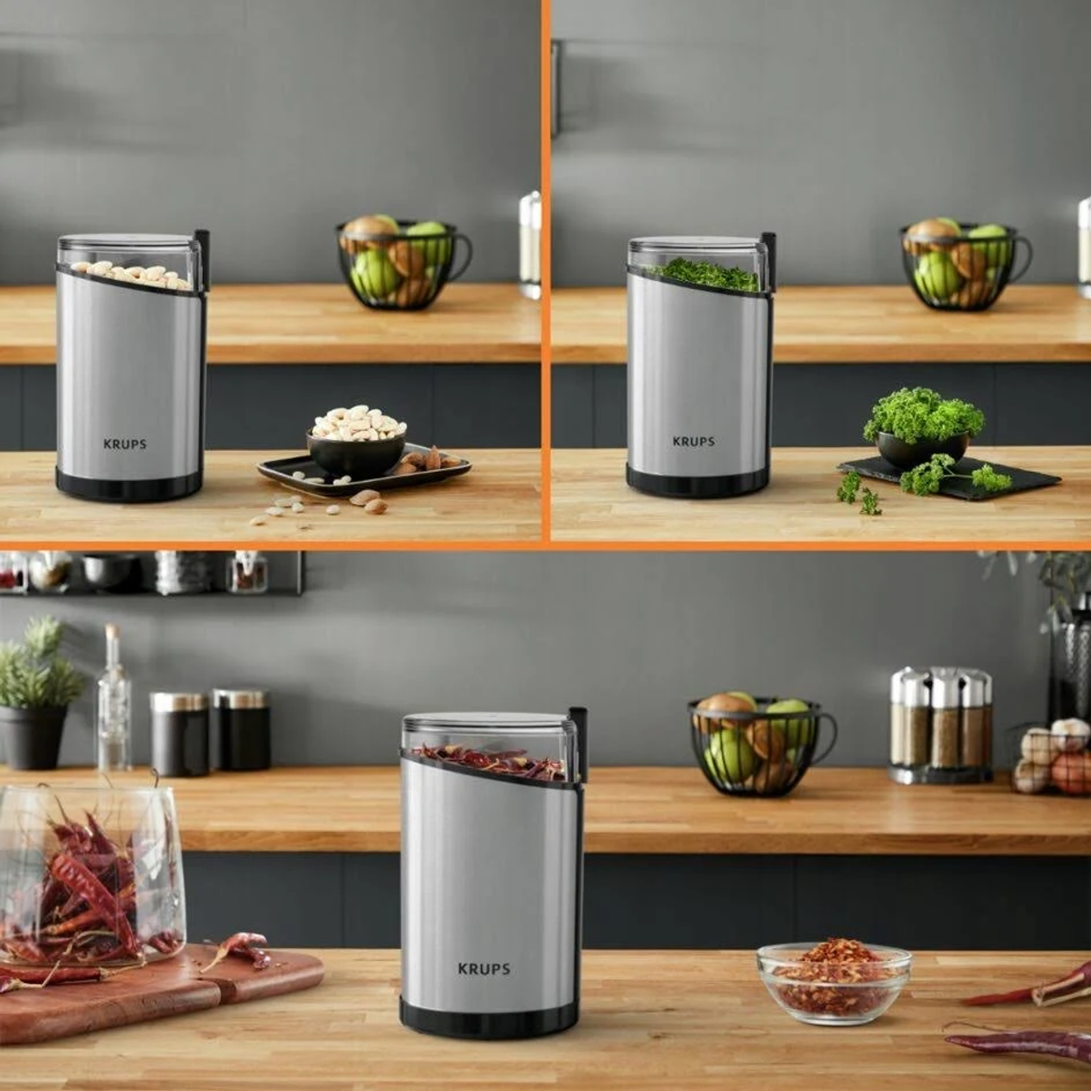 Cztery zdjęcia pokazujące młynki Krups z różną zawartością: ziarna, zioła i przyprawy.