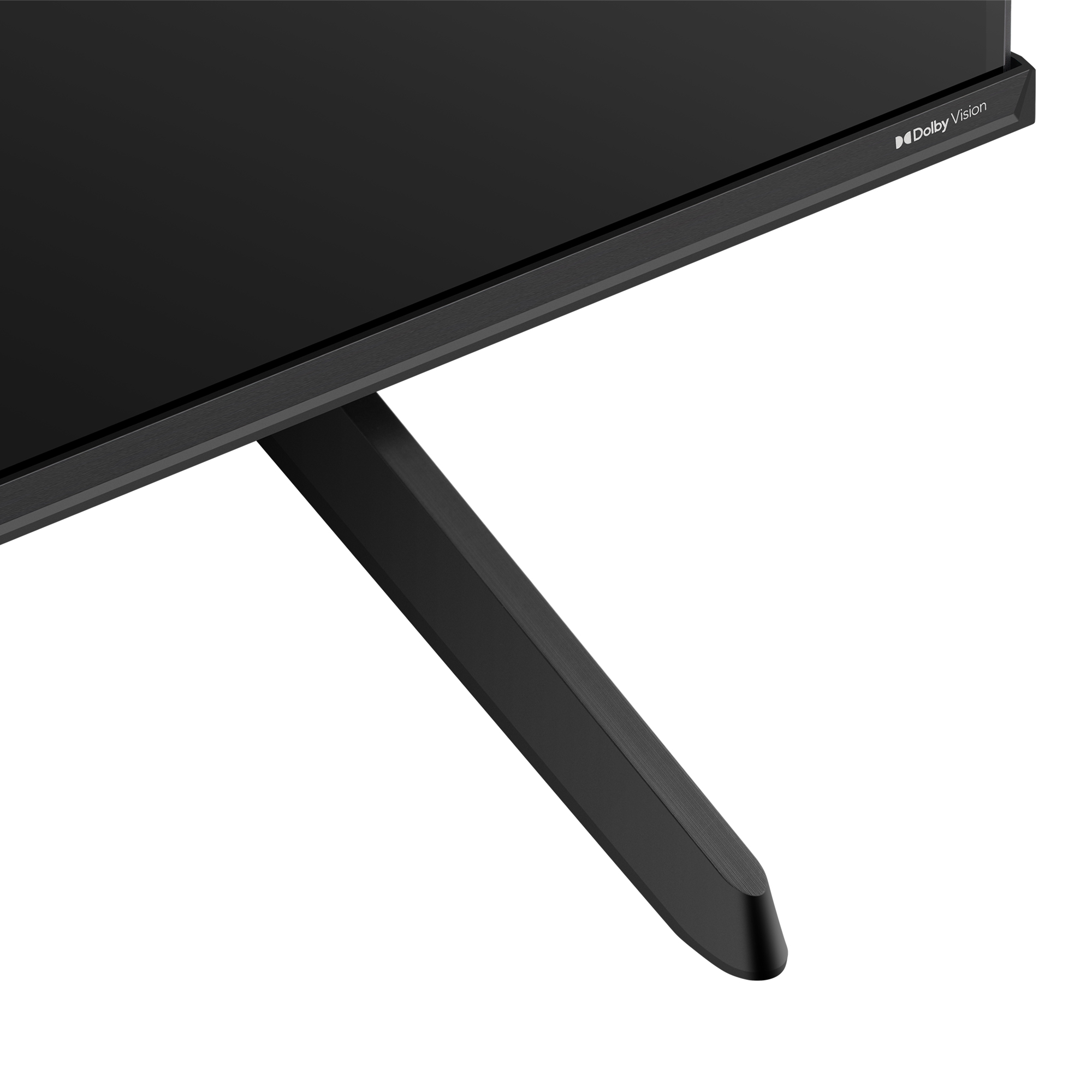 Dolny róg czarnego telewizora z widoczną podstawą i logo Dolby Vision na białym tle.
