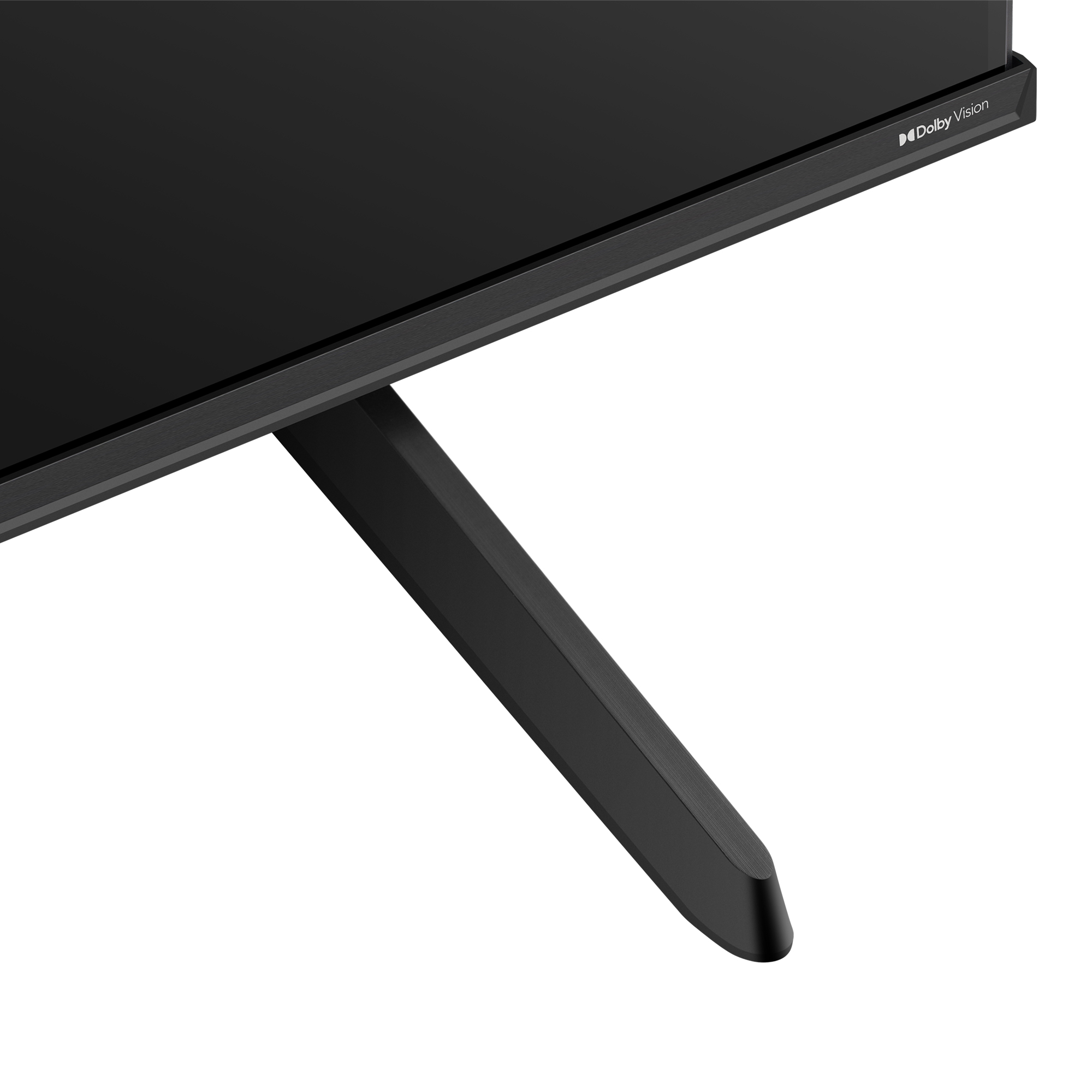 Noga stojaka TV jest czarna, z napisem "Dolby Vision" na ramie telewizora.