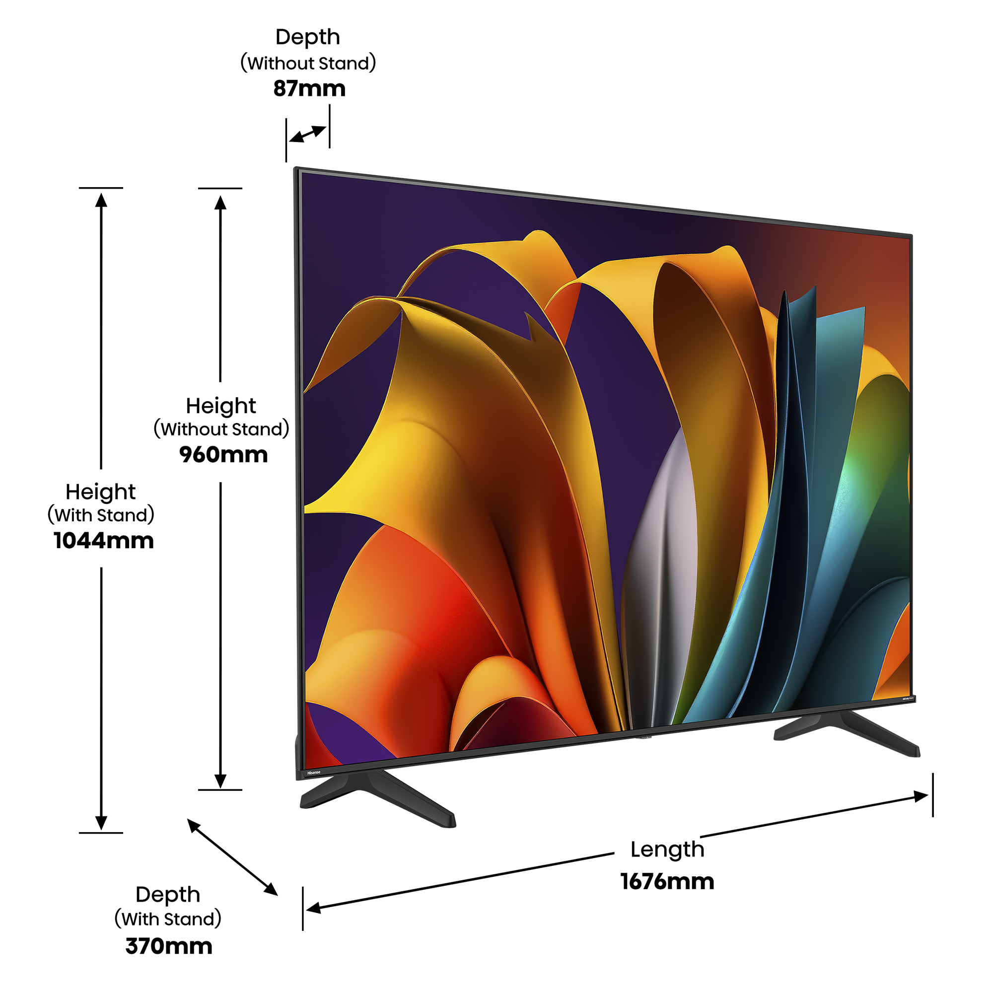 Ein großer Fernseher mit einem bunten Bild, mit Abmessungen und Messungen beschriftet.
