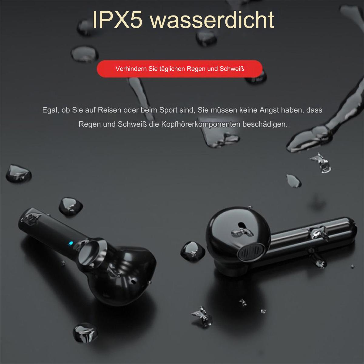 Zwei schwarze kabellose Ohrhörer mit Wassertropfen. Der Text lautet 'IPX5 wasserdicht'.