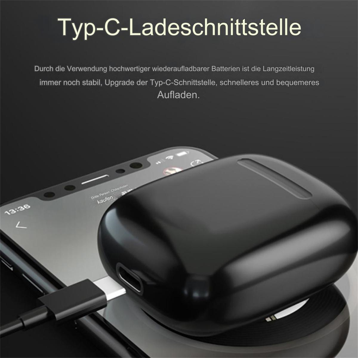 Schwarzes Ladepad mit schwarzem Telefon und Ladekabel, mit Text.
