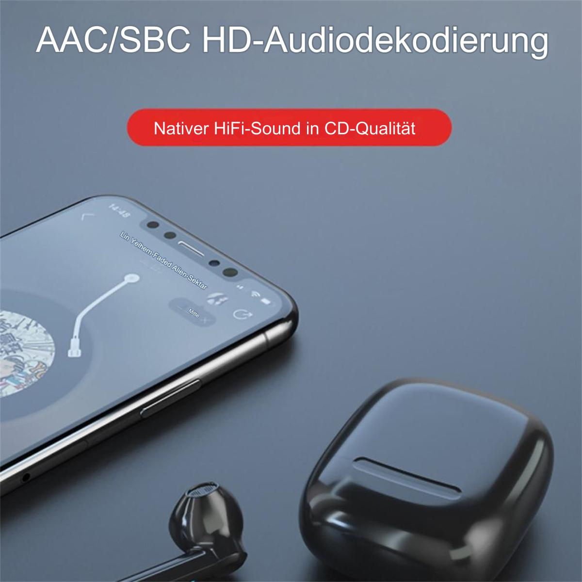 Ohrhörer und Ladecase auf dunkler Oberfläche. Telefonbildschirm zeigt Musik.