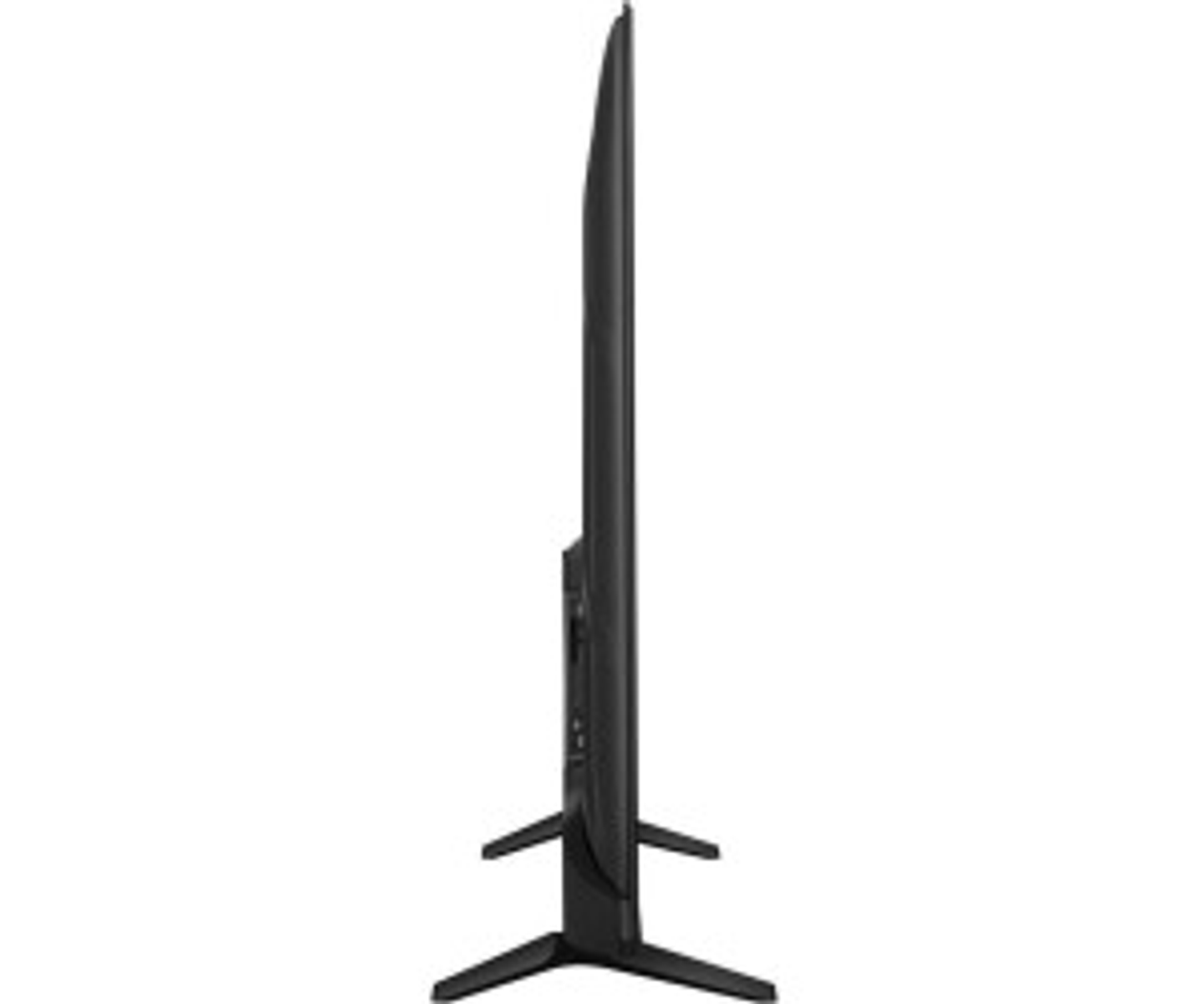 Widok z boku czarnego telewizora, z dwoma nogami, na białym tle.