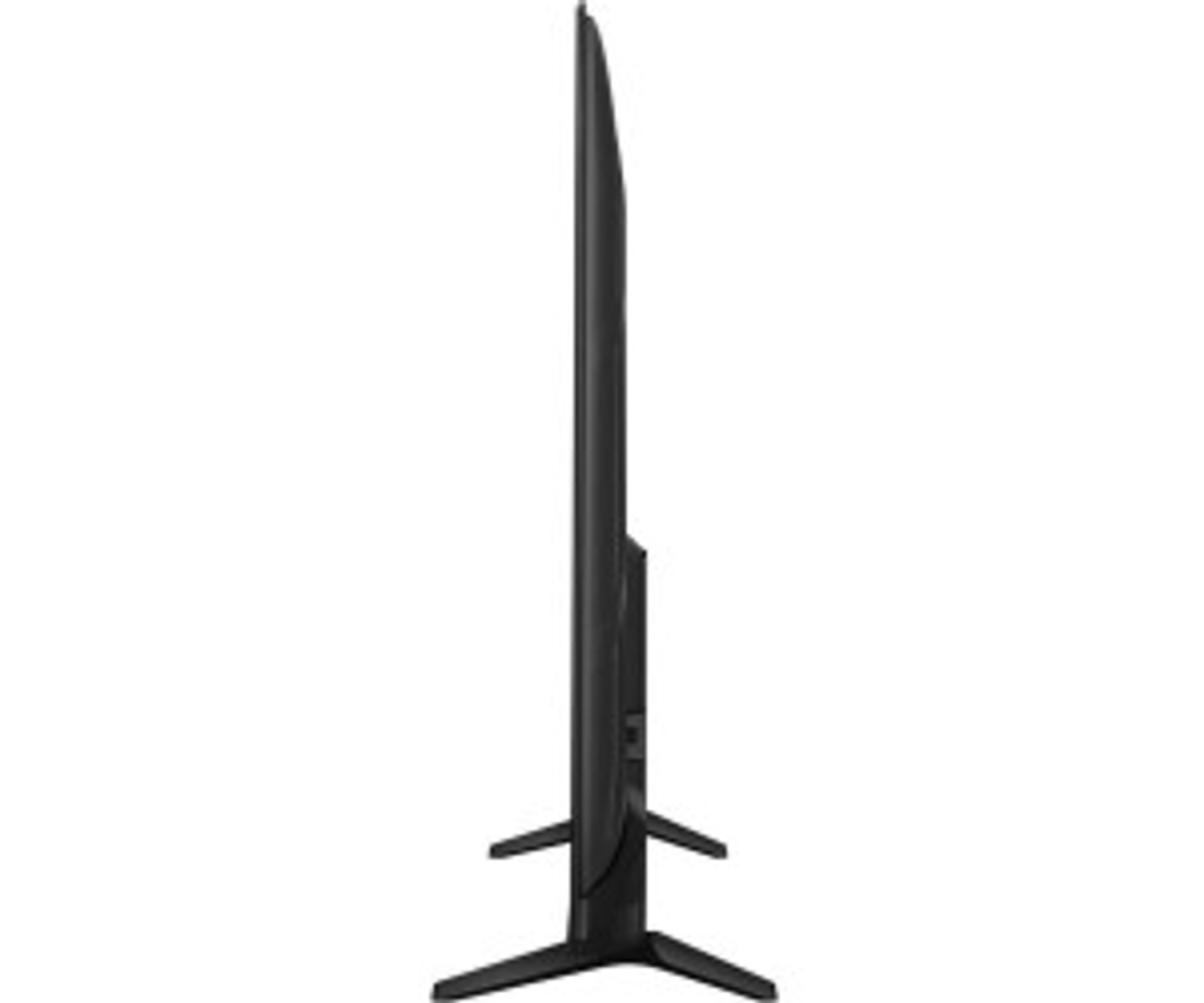 Widok z boku czarnego telewizora. Telewizor jest cienki i stoi na dwóch czarnych nogach.