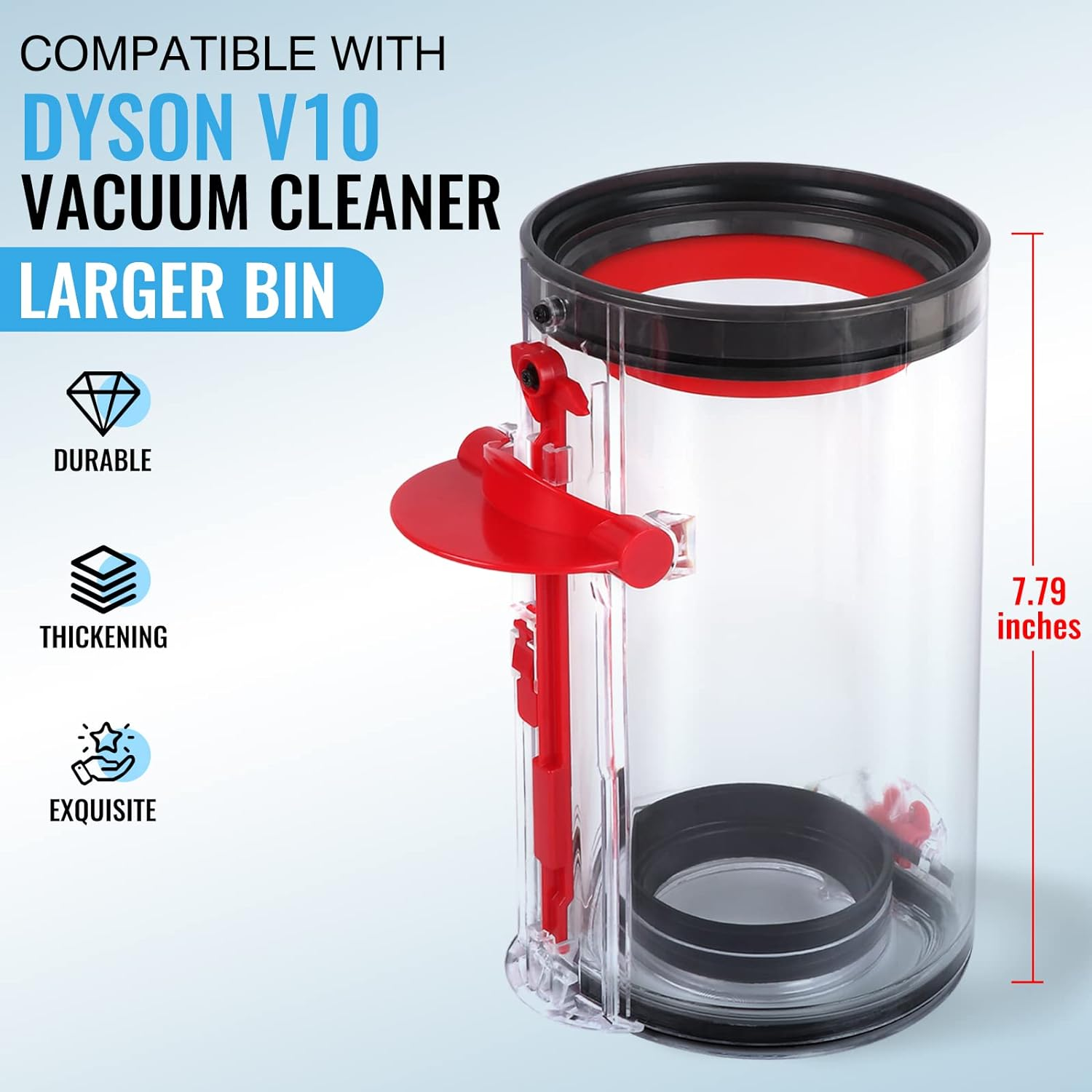 Transparenter Dyson V10 Staubsaugerbehälter mit roten Akzenten. Der Behälter ist zylindrisch.