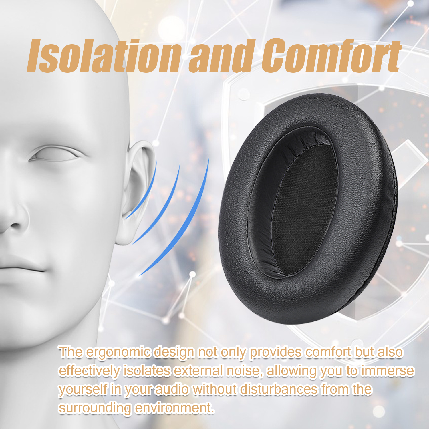 Czarna poduszka do słuchawek. Tekst na obrazku to 'Isolation and Comfort'. Widoczna jest grafika głowy.