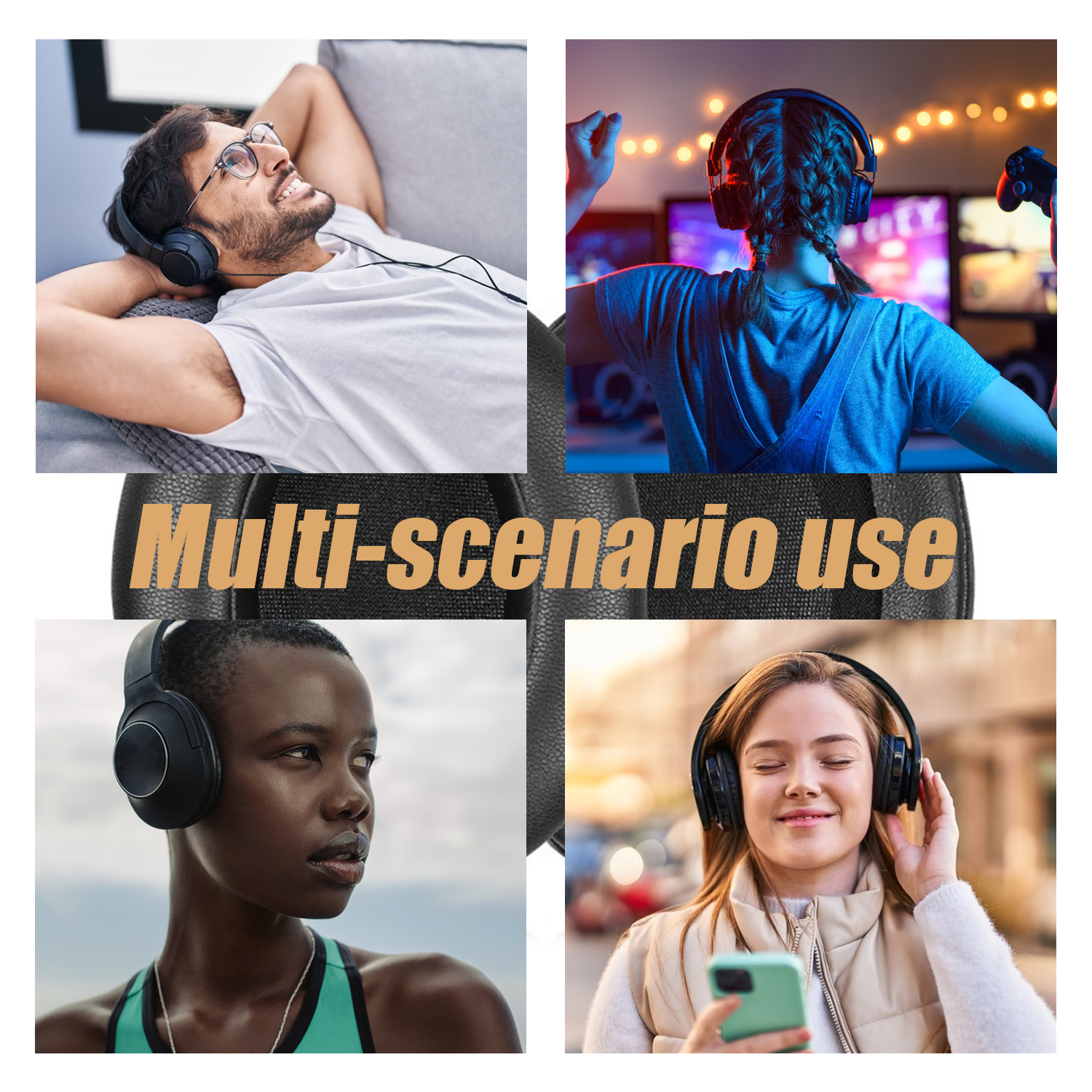 Cztery zdjęcia osób używających słuchawek w różnych scenariuszach z tekstem 