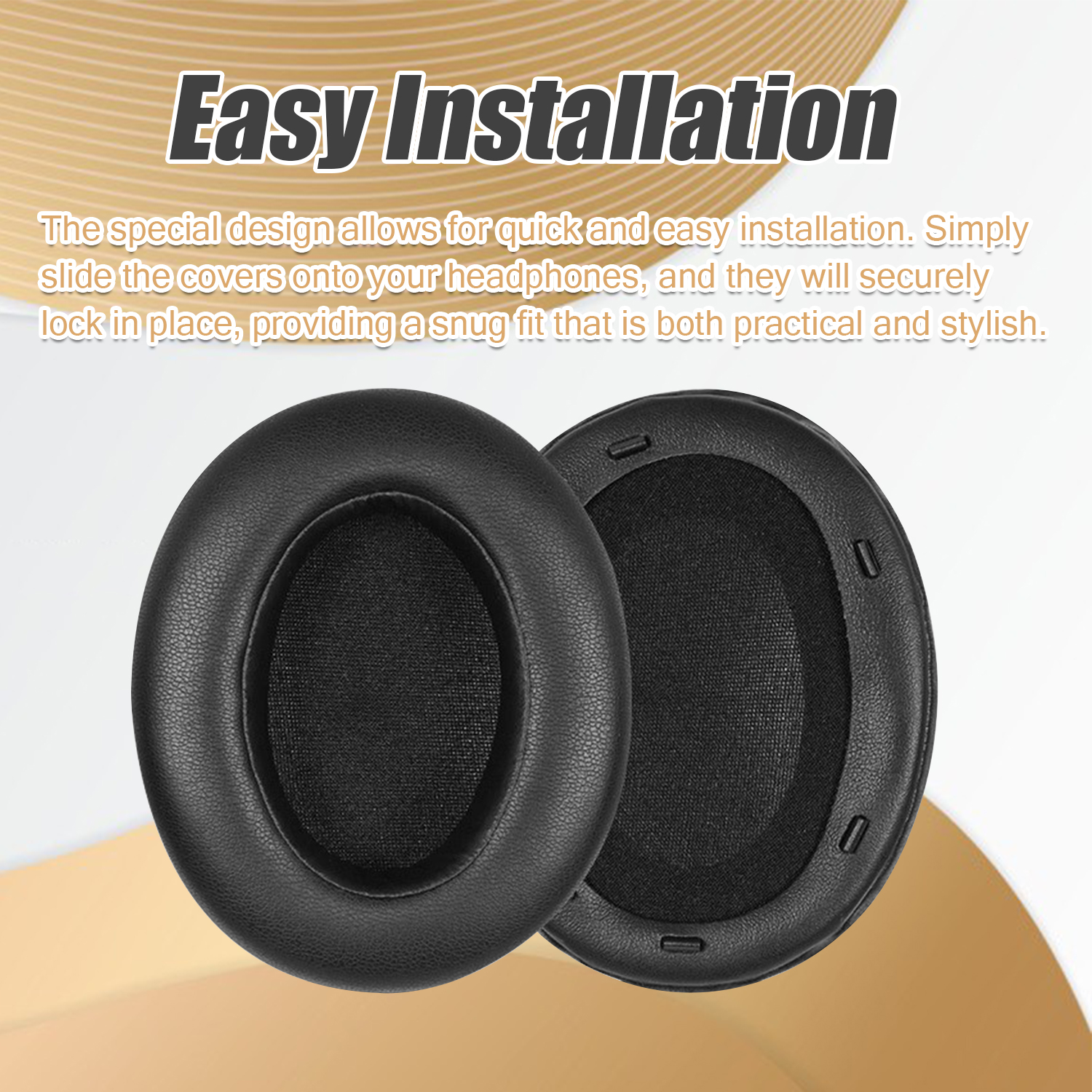 Dwie czarne poduszki nauszne słuchawek, tekst: 'Łatwa instalacja'.