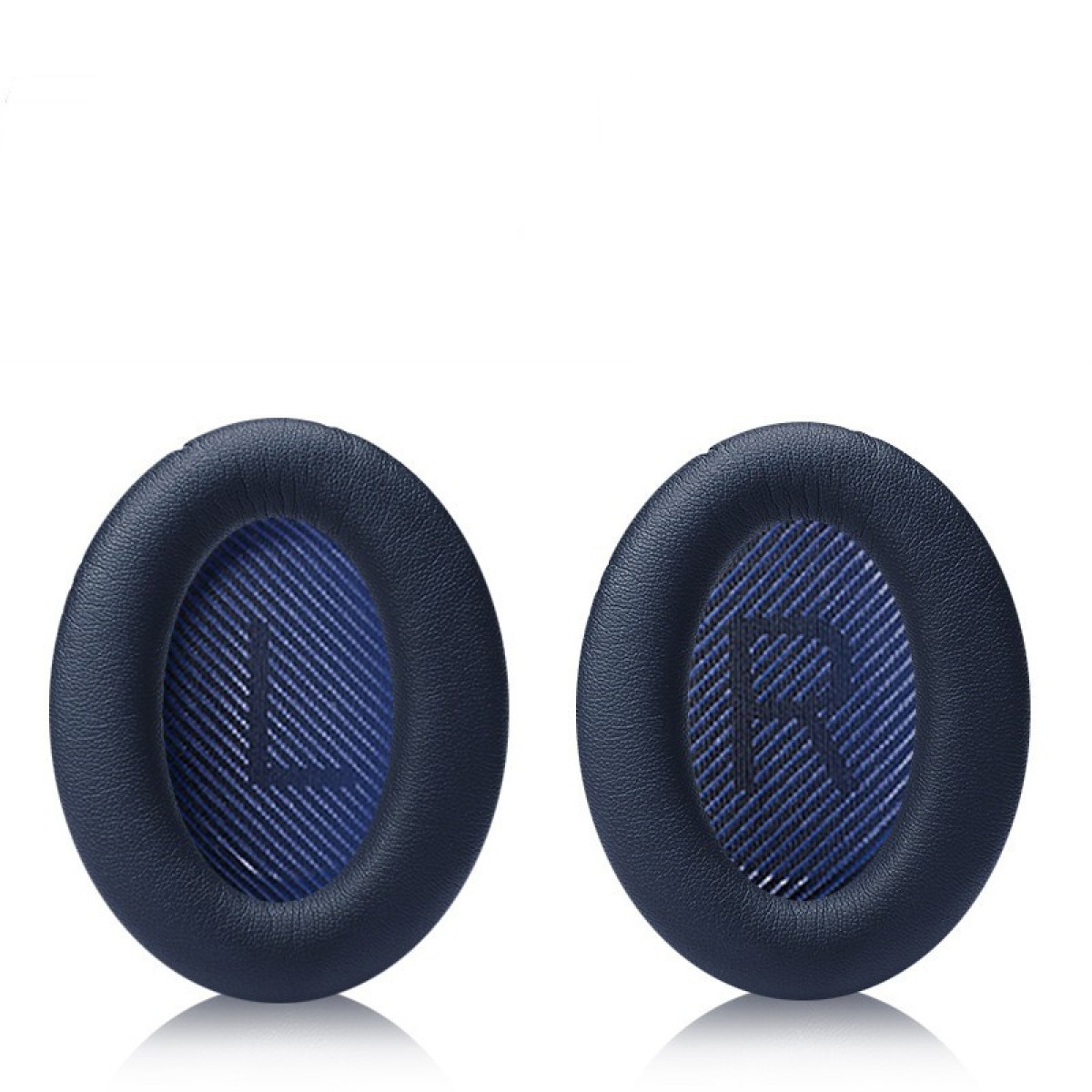 Dwie niebieskie nauszniki z literami L i R.