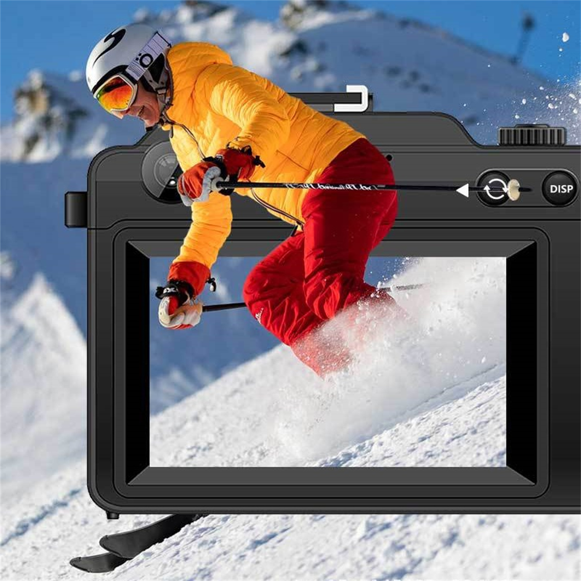 Skifahrer in gelber Jacke und roter Hose, gefangen in einem Kamerarahmen auf einer Piste.