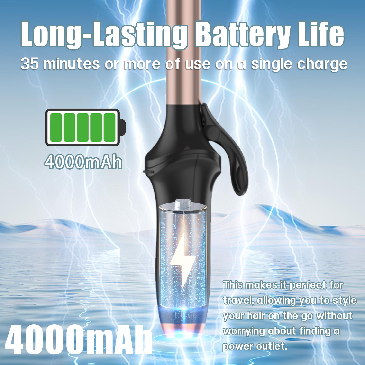 Czarna lokówka z podstawą ładującą i ikoną baterii. Tekst mówi: bateria 4000mAh.