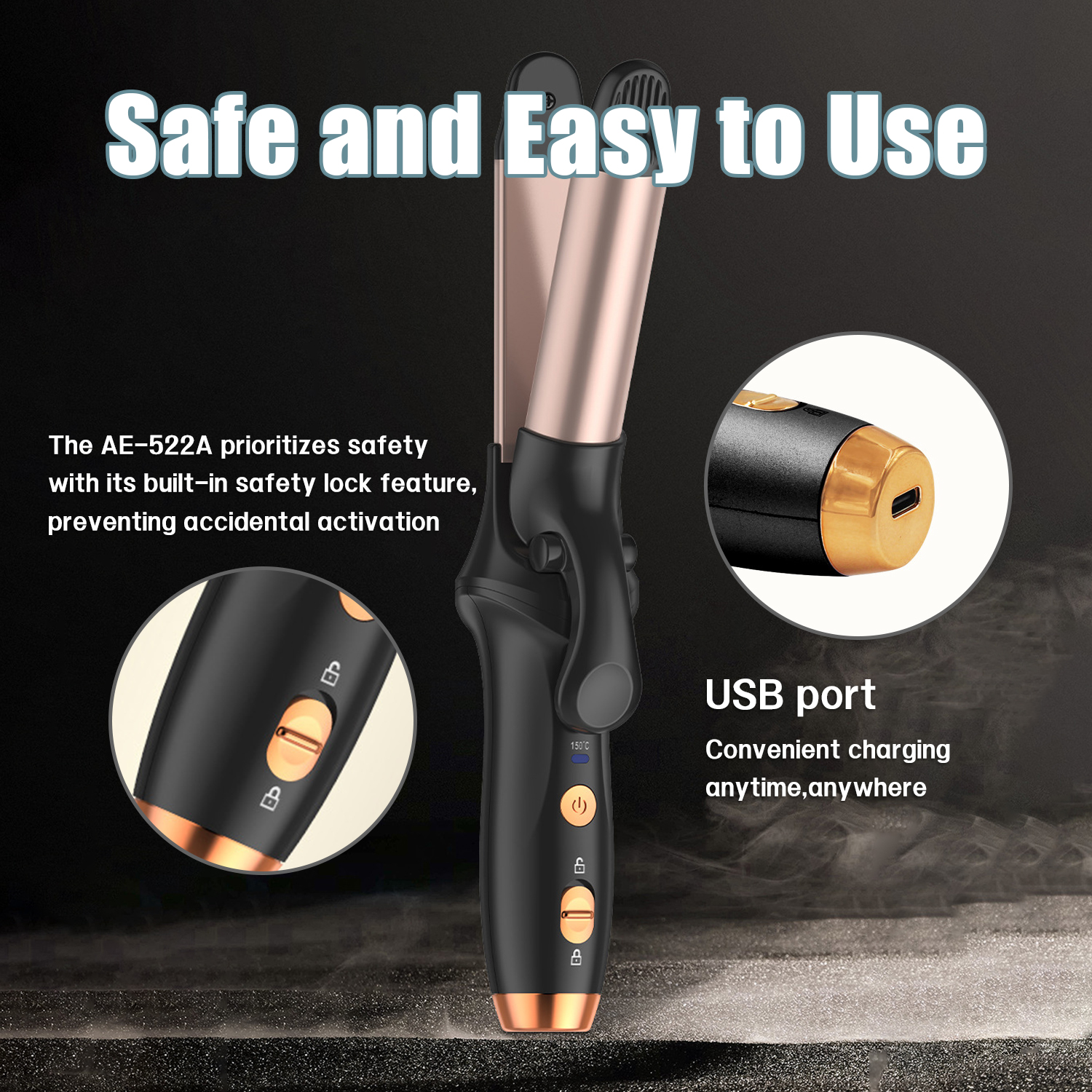 Lokówka z złotymi akcentami i tekstem: Bezpieczna i łatwa w użyciu, plus szczegóły portu USB.