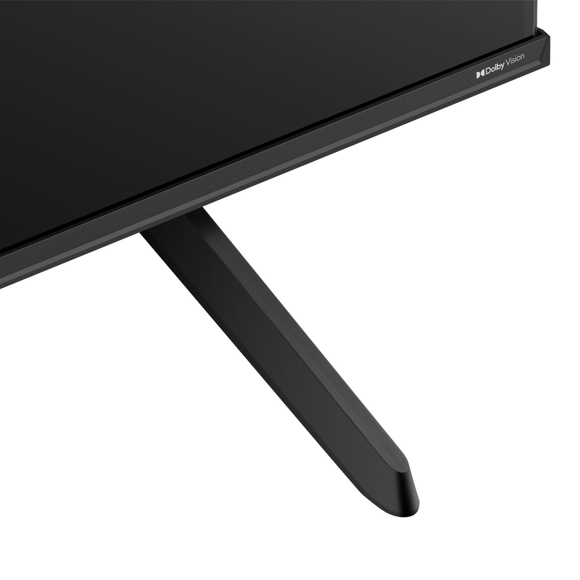 Czarny stojak pod telewizor z logo Dolby Vision. Widoczna dolna część czarnego telewizora.