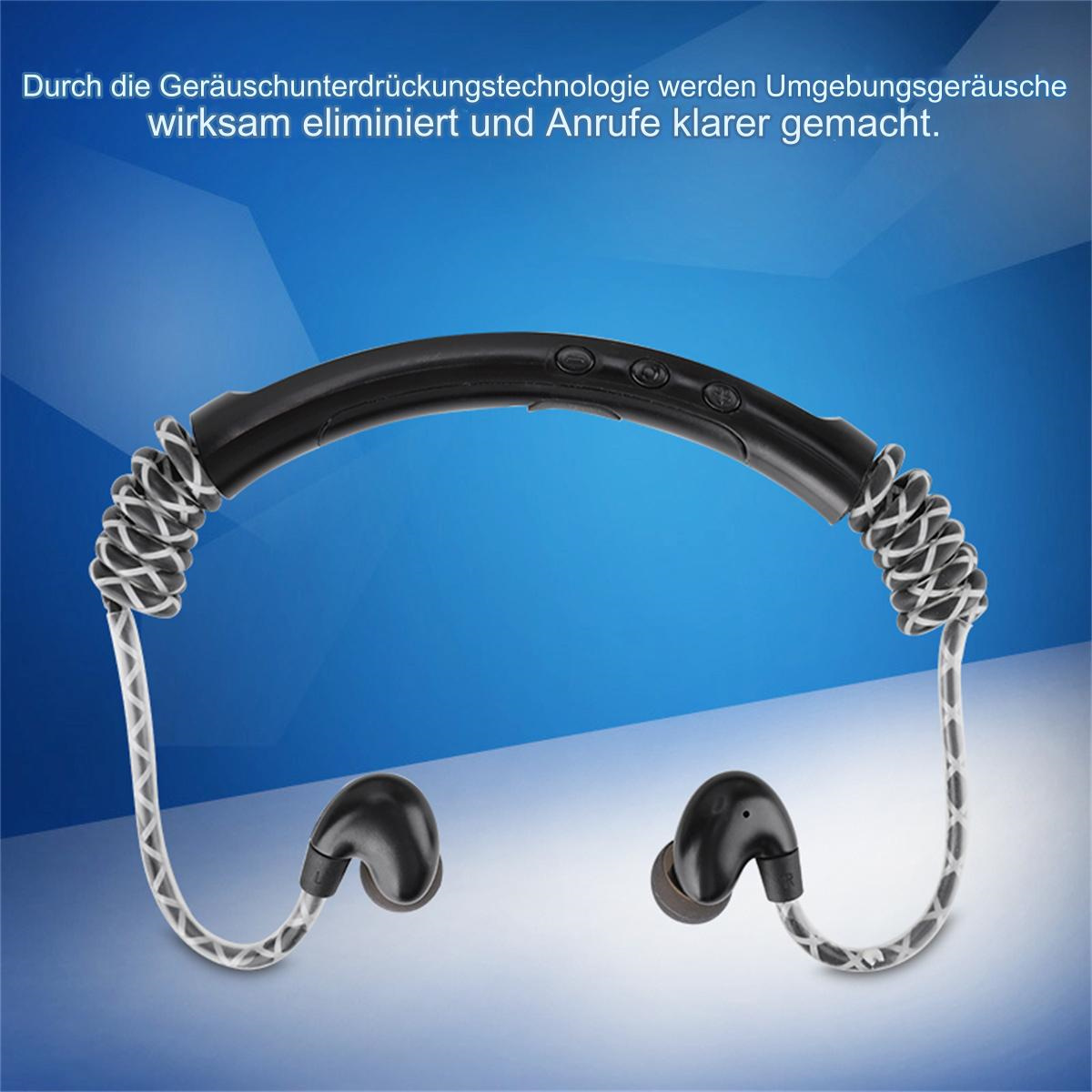 Headset mit Nackenband und Ohrhörern. Der Hintergrund ist ein verschwommenes Blau. Schwarze und silberne Details.