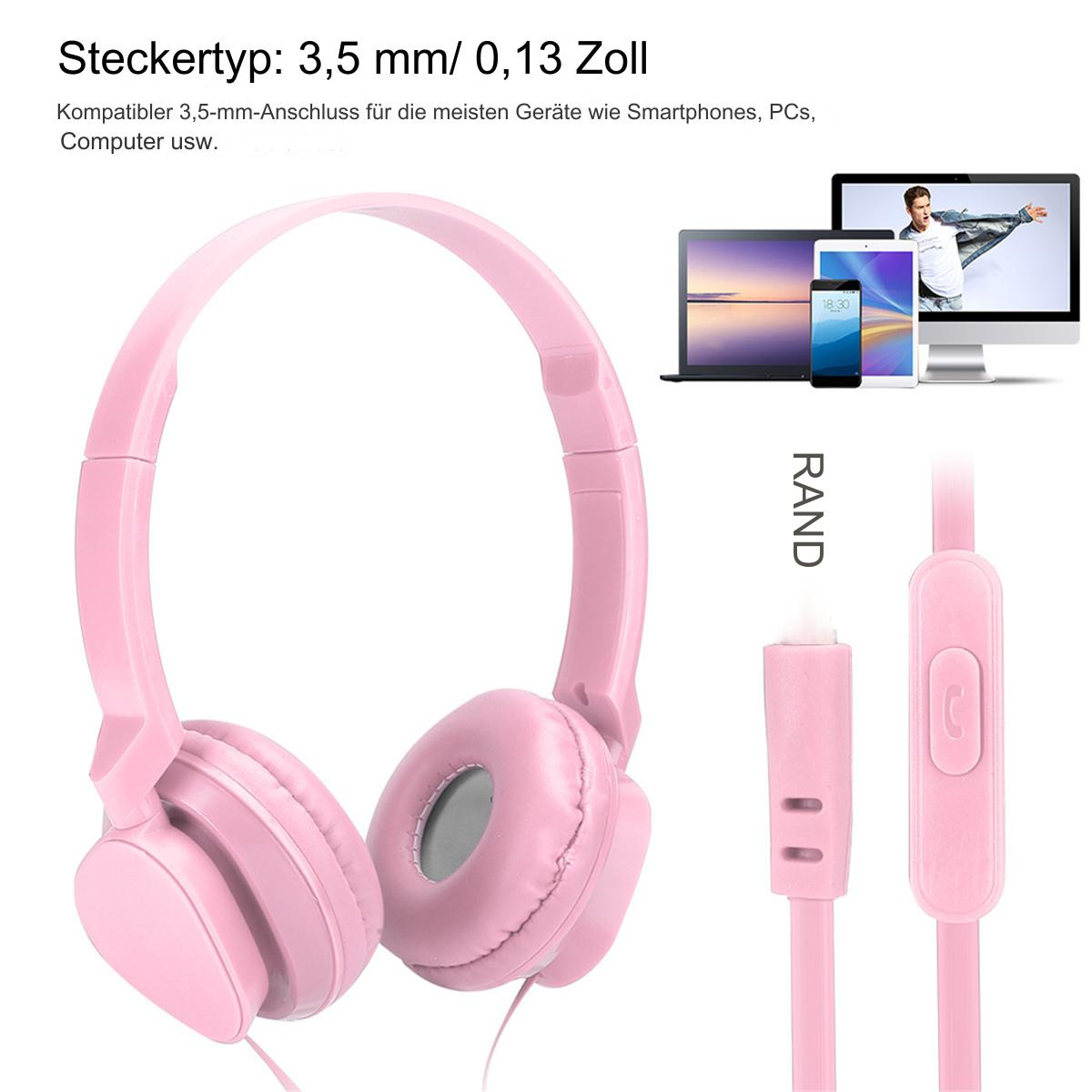 Rosa Kopfhörer mit Kabel. Verschiedene Geräte im Hintergrund.