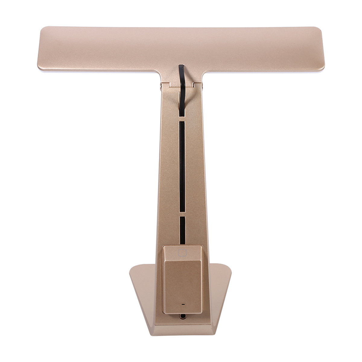 Goldfarbene Schreibtischlampe. T-förmiges Design mit verstellbaren Paneelen und kleinem Sockel.