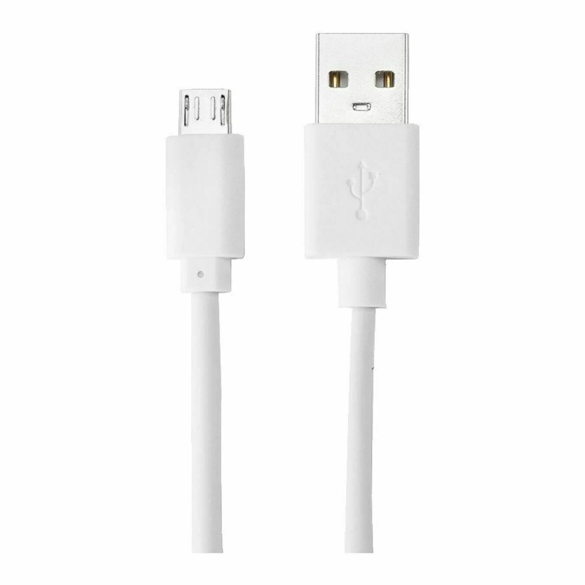Biały kabel USB. Jeden koniec to standardowe USB, drugi micro USB. Obydwa z białego plastiku.