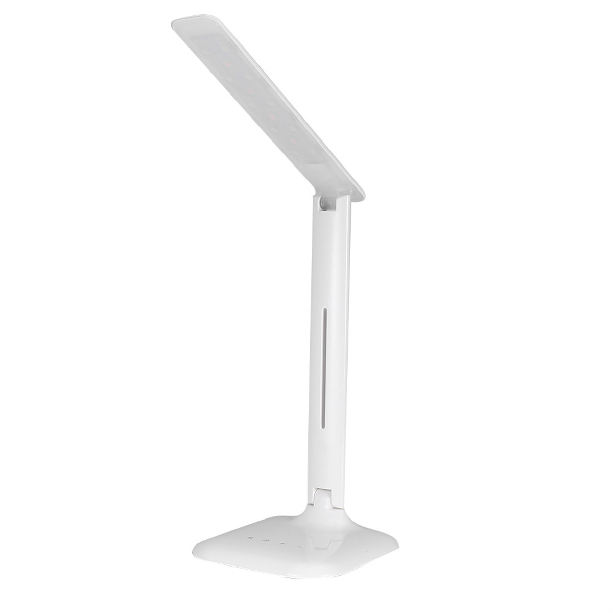 Weiße Schreibtischlampe mit verstellbarem Kopf. Sie hat einen quadratischen Fuß und einen vertikalen Schaft.