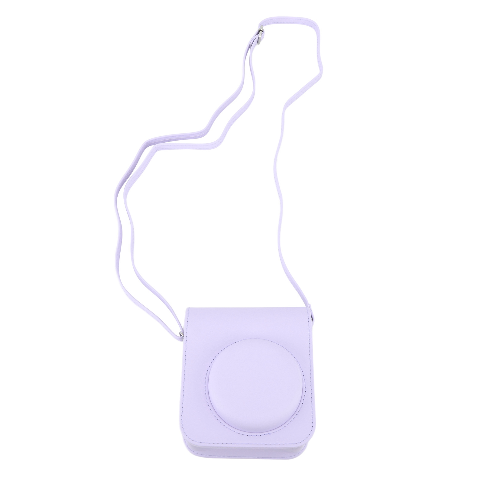 Eine hellviolette Kameratasche mit einem Riemen. Die Tasche hat ein kreisförmiges Design und einen Riemen.