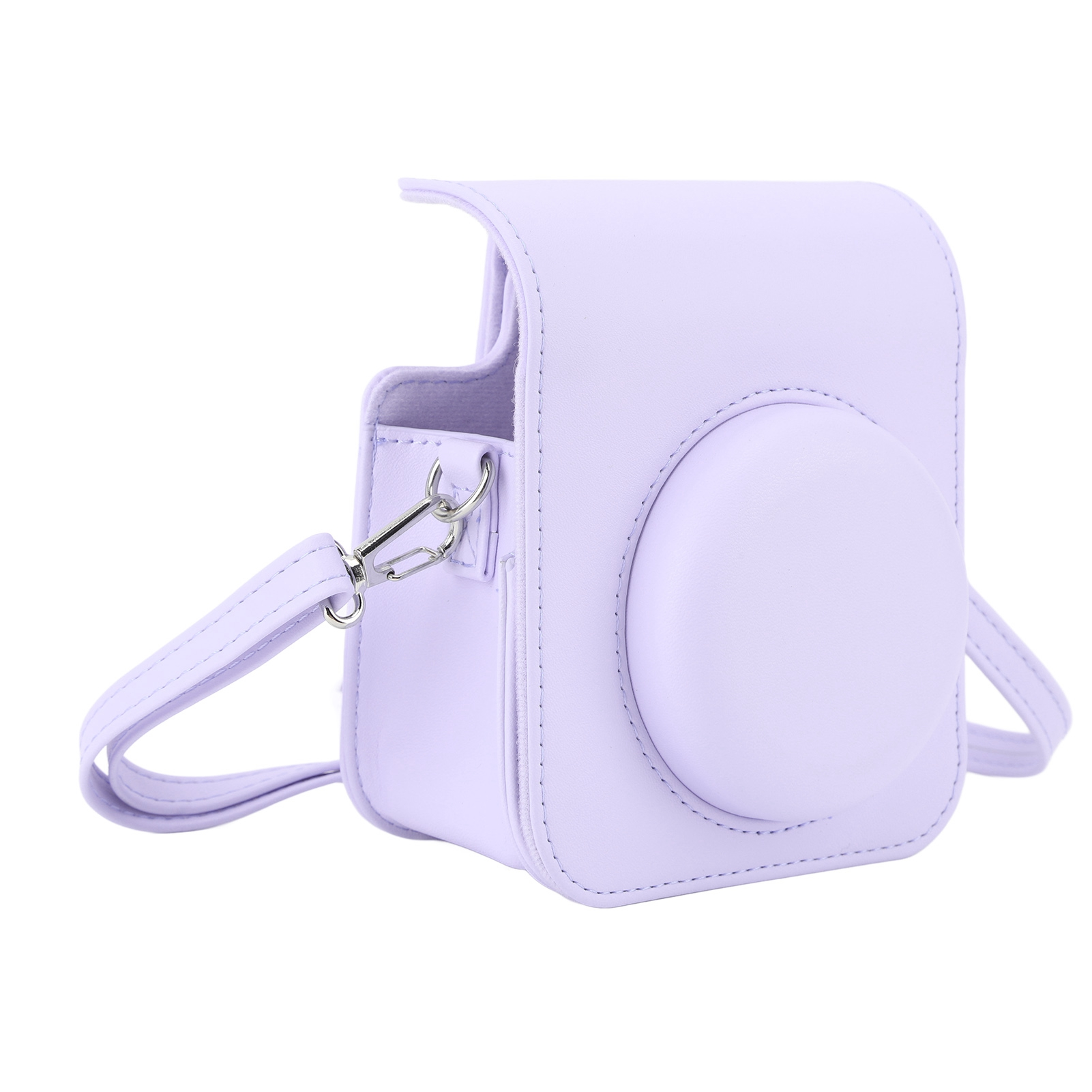 Eine lila Kameratasche. Die Tasche hat einen Riemen und eine runde Form für die Kamera.