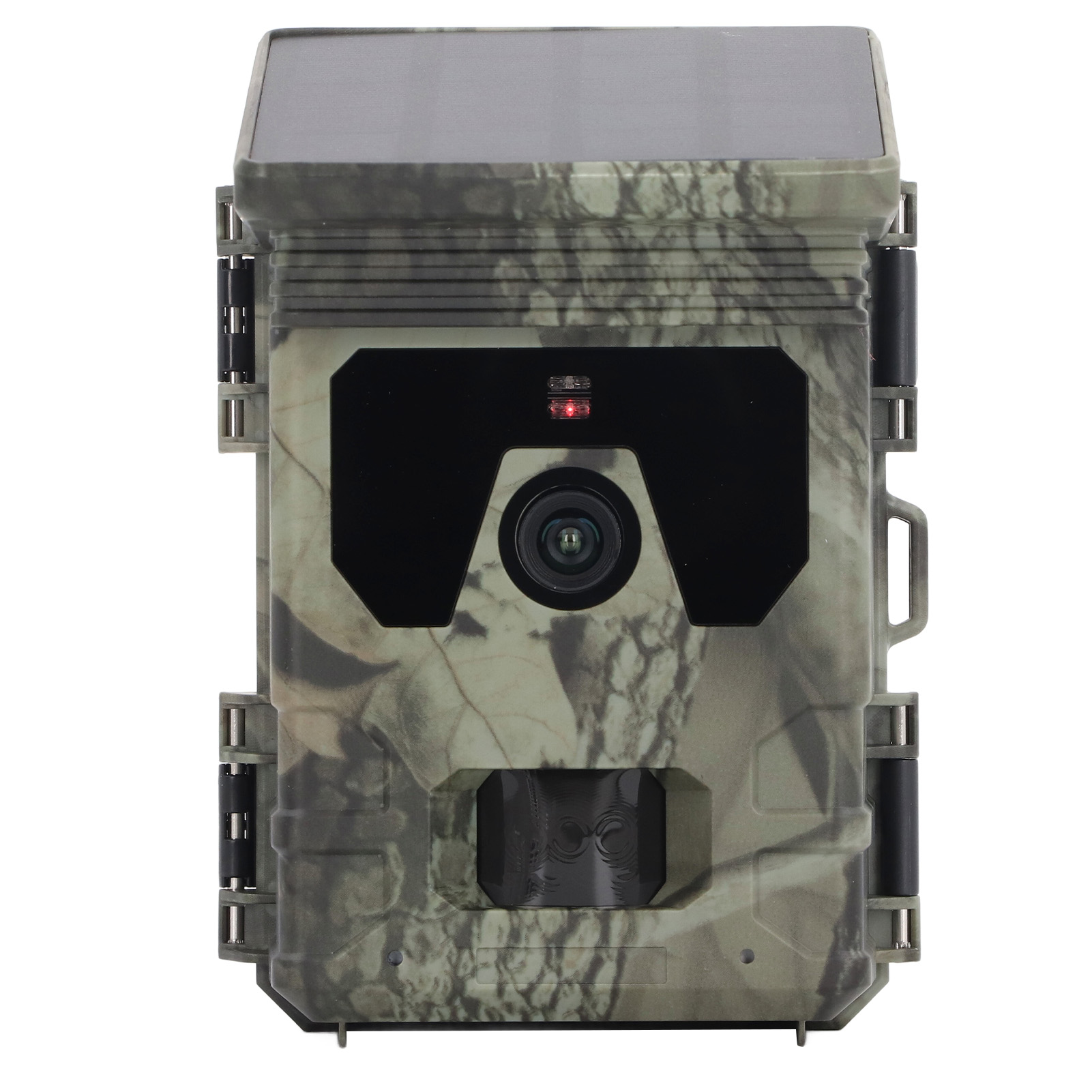 Tarnkamera mit Solarpanel. Die Kamera hat ein Objektiv, ein rotes Licht und ein Camouflage-Äußeres.