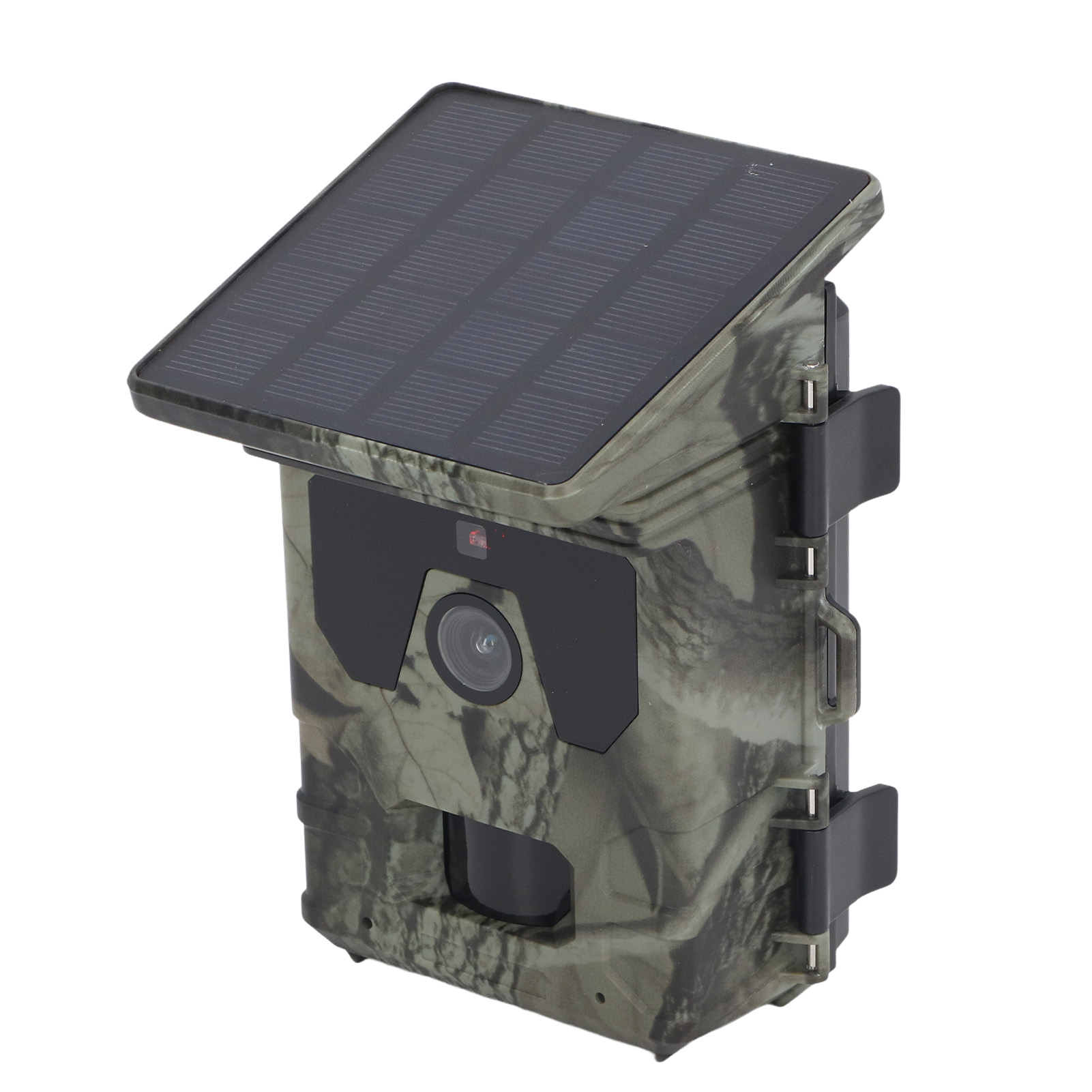 Tarnkamera mit Solarpanel oben. Schwarze Linse und Abdeckung. Dunkelgrün und Schwarz.