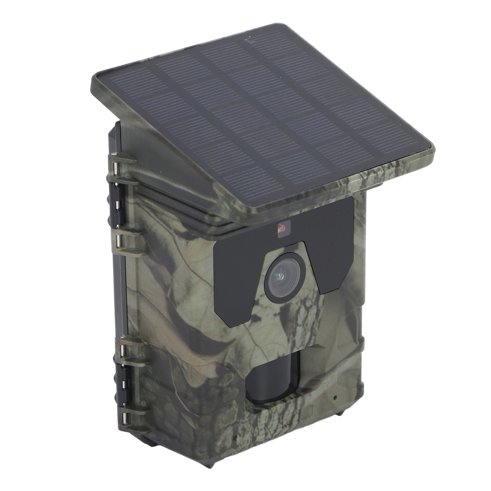 Tarnmuster-Wildkamera mit Solarpanel oben und schwarzem Kameraobjektiv.