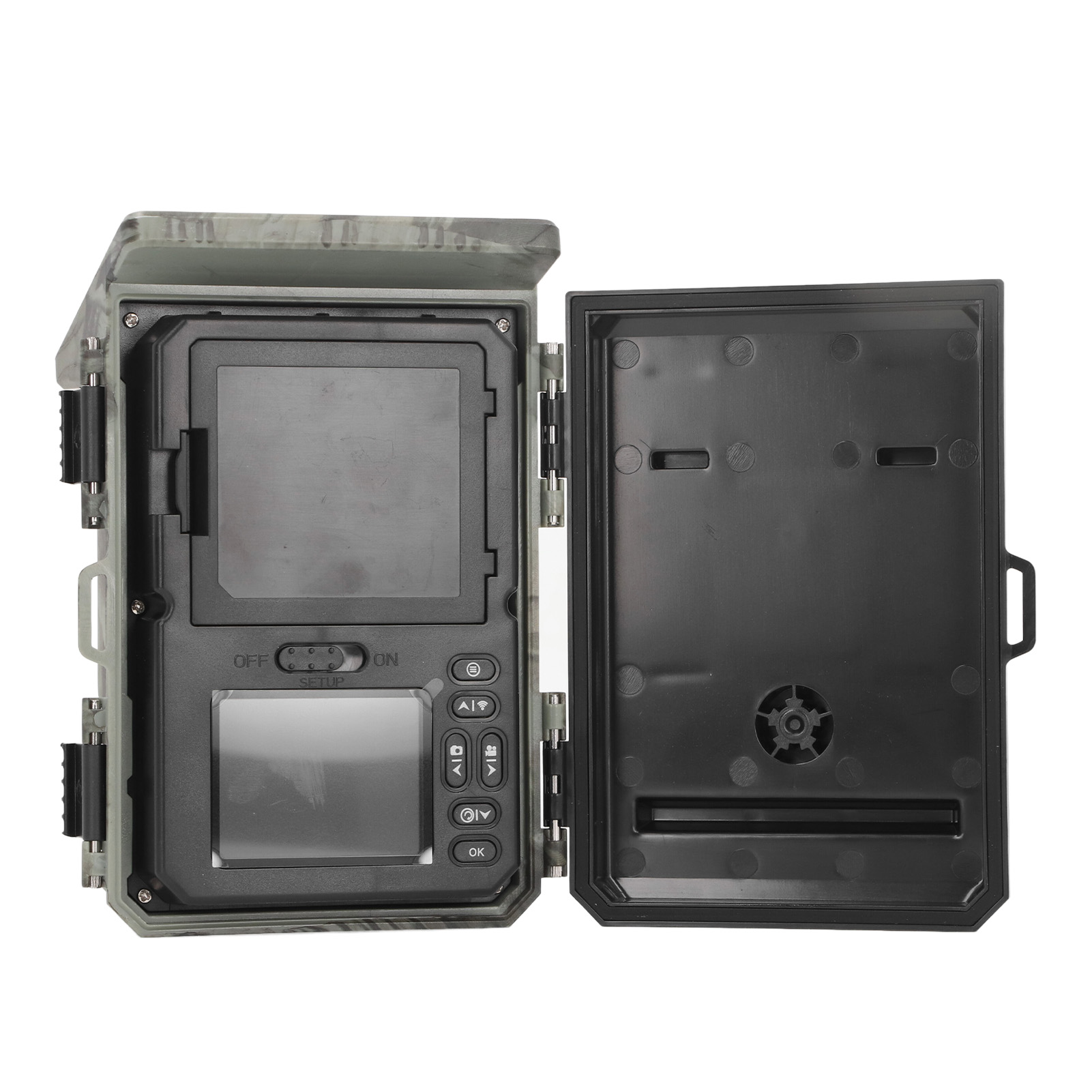 Geöffnete Wildkamera mit LCD-Bildschirm, Knöpfen und offenem Fach.