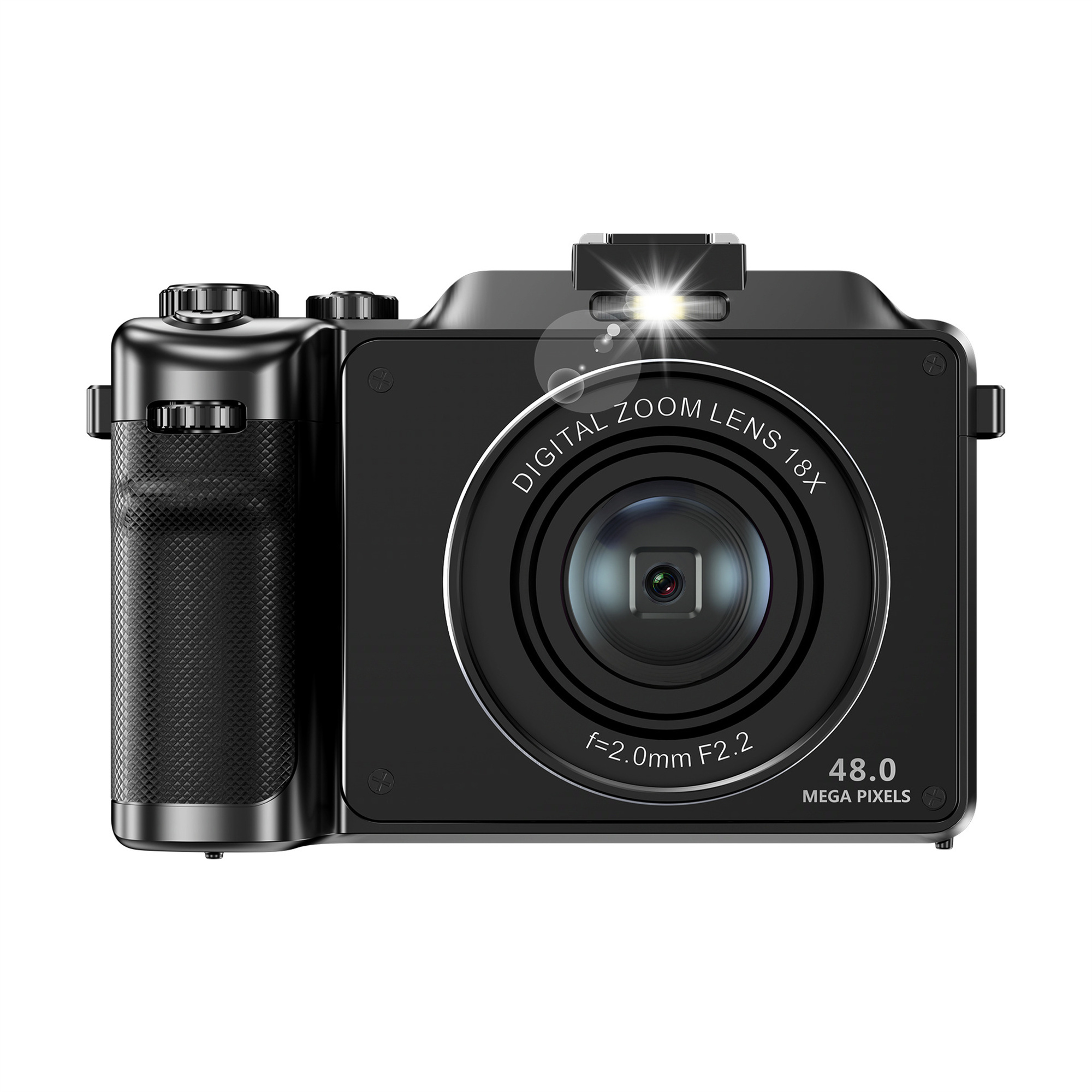 Schwarze Kamera mit Digitalzoom-Objektiv und Blitz. Der Bildschirm zeigt 48,0 Megapixel.