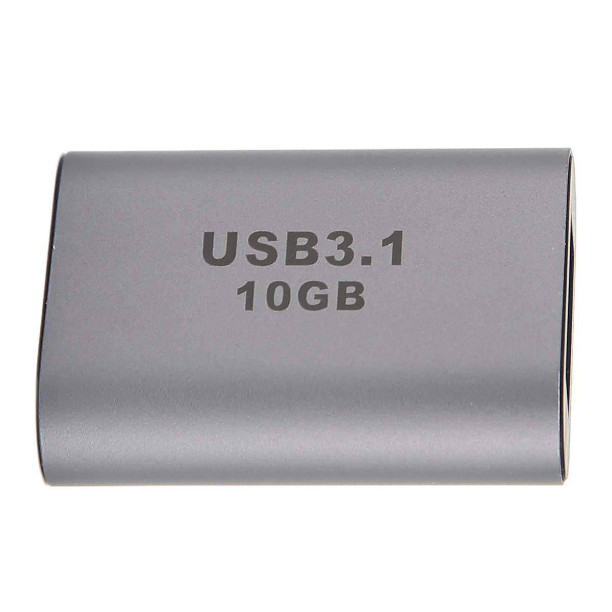 Silberner USB 3.1 10GB Adapter, rechteckige Form mit Text oben. Weißer Hintergrund.