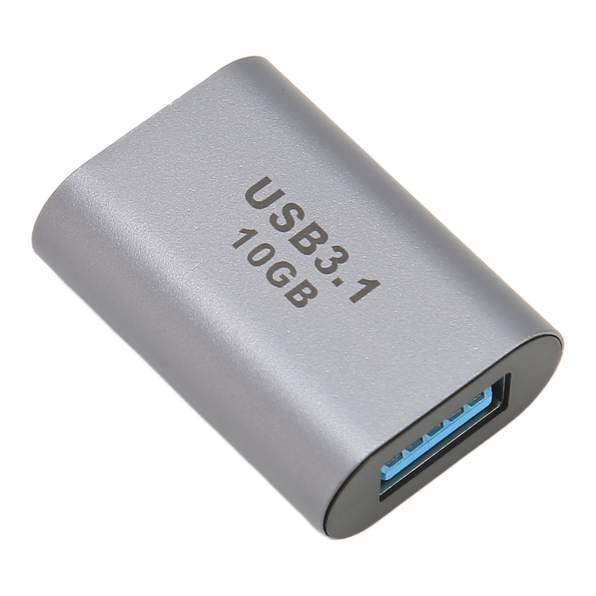 Ein silberner USB 3.1 10GB Stecker. Rechteckig mit blauem Innenraum und Beschriftung.